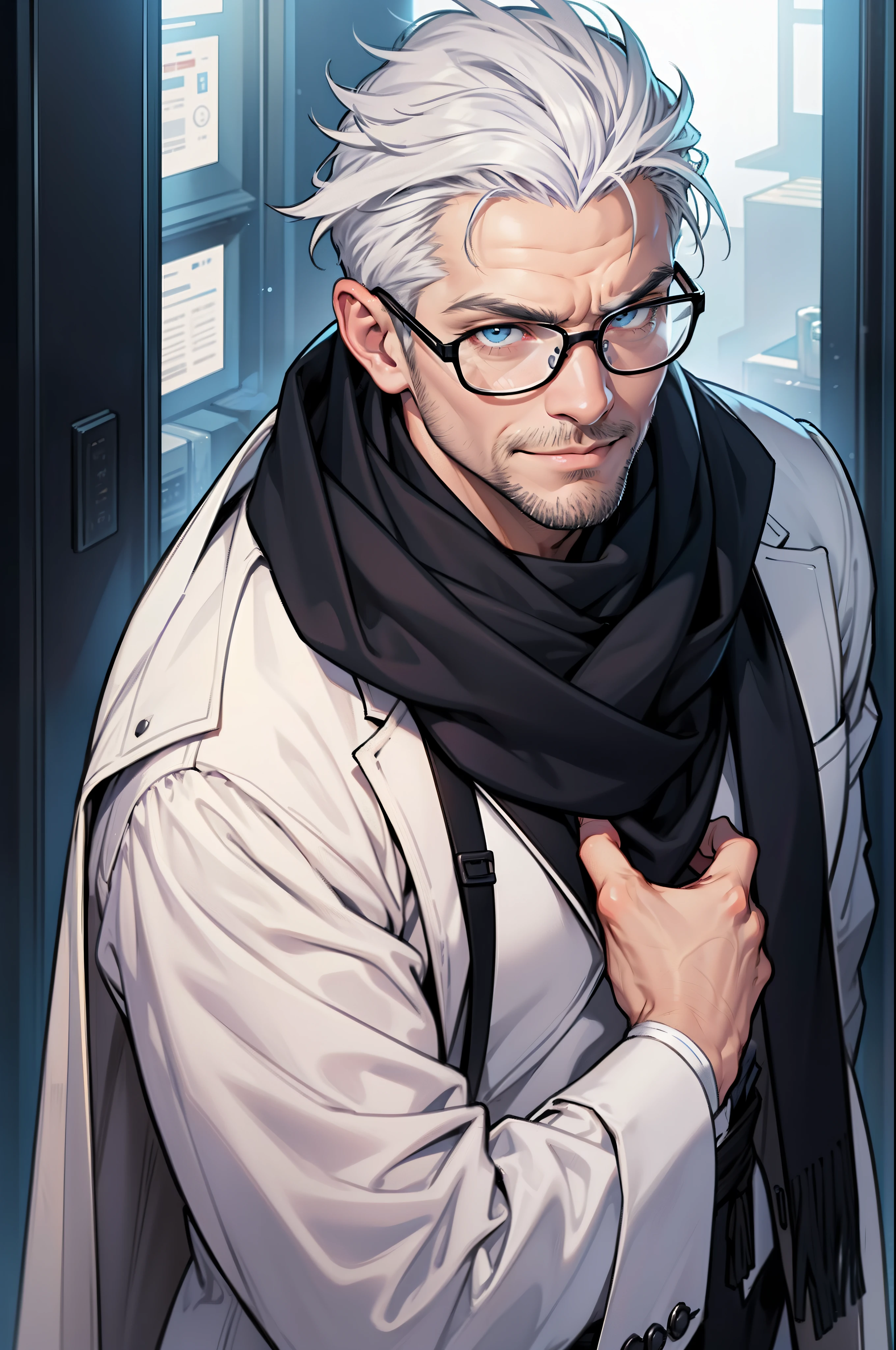 (Meticulous description) (Meticulous hair depiction) (Carefully portray the eyes) (Carefully portray the face) (Detailed portrayal of the human body) (Detailed portrayal of the half-body) (Handsome uncle)(quadratic element)One man only,uncle,Clear face,sharp look,Uncle lineage,dyna,exquisite CG,Exquisite illustrations,male people,wrinkles,47-year-old uncle,Middle aged,Pan,nobles,A half body,White gloves,high and cold,professor,Sneer Smile,a sense of atmosphere,White hair meticulously combed at the back of his head,Big back without bangs,Short beard,Gray-blue eyes,Wearing a cool white long trench coat, black shirt, purple long scarf,Wear black-framed square glasses,More details,The light from the back window is backlighted,toplight,closeup cleavage