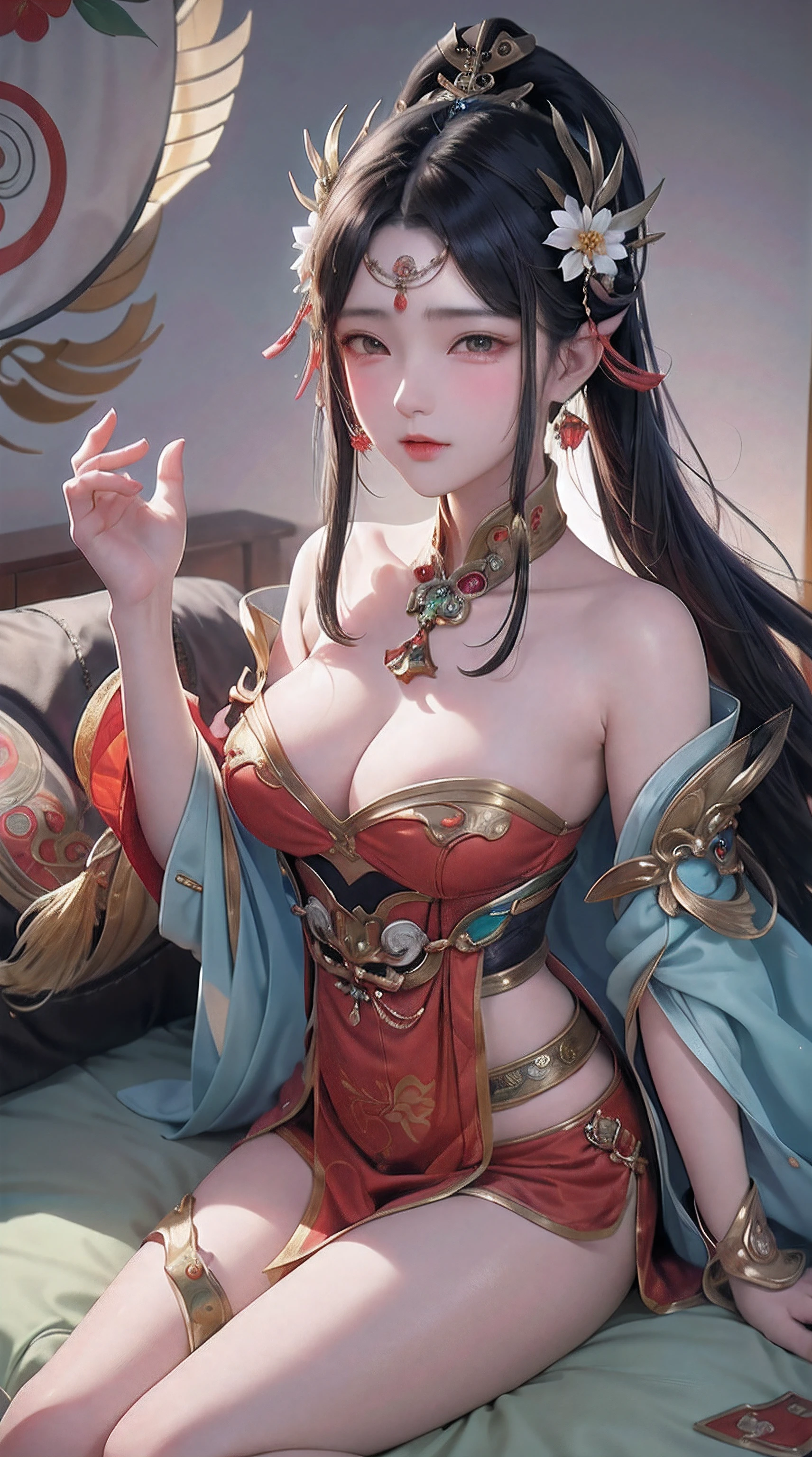 Ancient China woman, above waist，There is a flower tattoo on the bare back，Red and blue-green flowers, on the bed，ukiyo-style, Guviz-style artwork, Guviz, Alphonse mucha and rossdraws, A beautiful artwork illustration, By Li Song, by Yang J, author：Zou Zhe, By Zeng Jing, by Ye Xin, author：Shitao, author：Zhou Fang, korean art nouveau anime