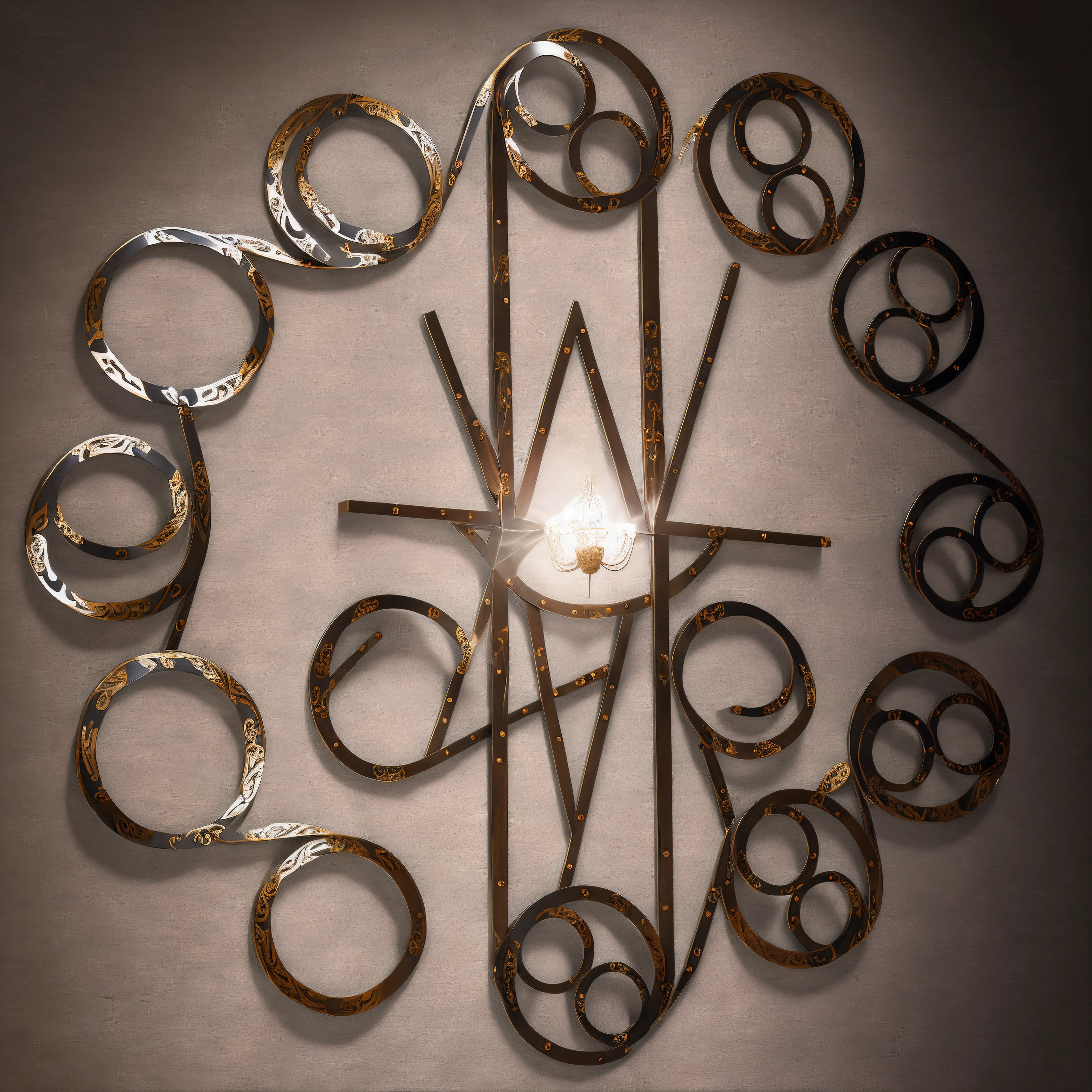 There is a clock made of a metal ring and a lamp, Spiral clock, Masterpiece works of art, metalic face, metal art, sconces, Golden ratio jewelry lamp, Country album cover of the clock, decor, clock iconography, vector art for cnc plasma, Wall art, Metal products, 35 mm product photo”, UHR, Torches on the walls, wall,Give more intricate and refined details in it,Hollow,inlay craftsmanship, etc,The high level of craftsmanship can be seen in this artwork,