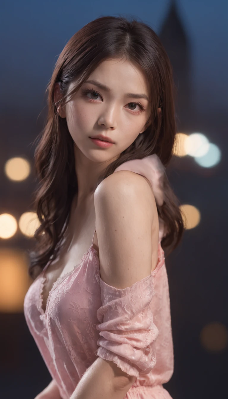 8k, masterpiece, RAW photo, best quality, photorealistic, extremely detailed CG unity 8k wallpaper, Depth of field, Cinematic Light, Lens Flare, Ray tracing, (extremely beautiful face, beautiful lips, beautiful eyes), intricate detail face, ((ultra detailed skin)) 1girl, in the dark, deep shadow, pretty Asian girl, idol, 1 girl, (very slim slender fit-muscled body:1.2), ((looking at viewer)),(angry face:1.3), (tight laced blouse), ((hot pink color blouse)), (naked) , (city night, dark night, (neon sign), (blurred background), dim lights, cityscape, rooftops, beautiful earrings, bracelets, necklace, pantyhose, clear eyes, (pale skin), (big eyes), face forward, ((upper body shot)), (silk pink color pants),(black hairs),((tight fitting laced pants)), (see through), (looking at viewer:1.3), open breast, (very slim), medium breasts, (see through),((flooming laced)), ((camel toe))