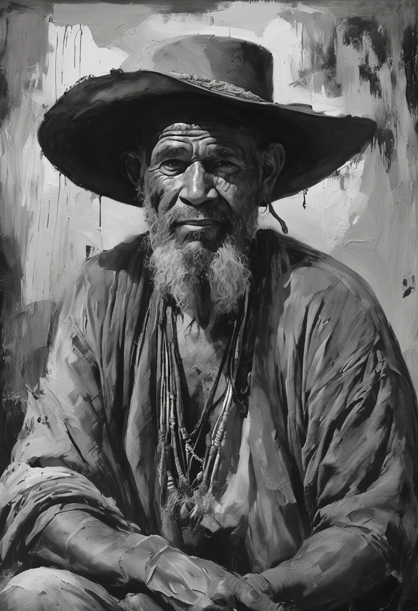 black and white art a gypsy man in typical black pirate robes without hat beautiful landscapes, Grande profundidade de campo, Arte Digital, obra prima, Qualidade UHD". RPG, monocromatico