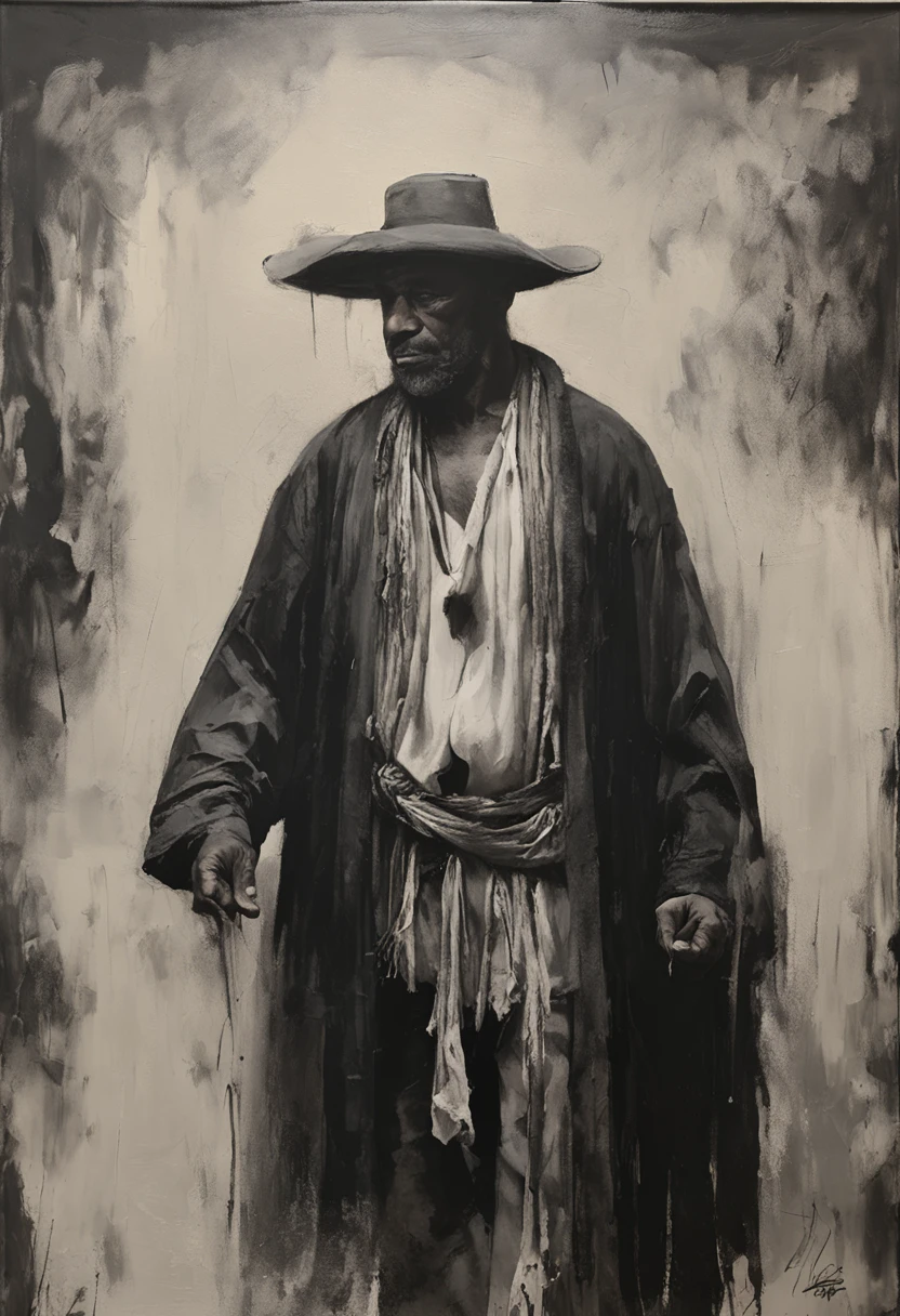 black and white art a gypsy man in typical black pirate robes without hat beautiful landscapes, Grande profundidade de campo, Arte Digital, obra prima, Qualidade UHD". RPG, monocromatico