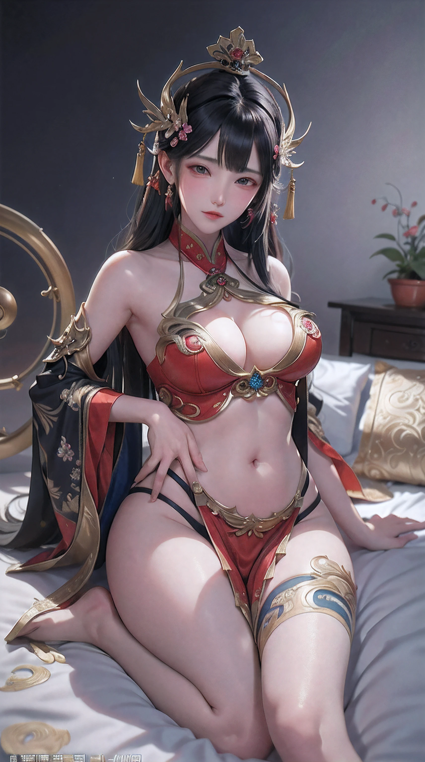 Ancient China woman, above waist，There is a flower tattoo on the bare back，Red and blue-green flowers, on the bed，ukiyo-style, Guviz-style artwork, Guviz, Alphonse mucha and rossdraws, A beautiful artwork illustration, By Li Song, by Yang J, author：Zou Zhe, By Zeng Jing, by Ye Xin, author：Shitao, author：Zhou Fang, korean art nouveau anime