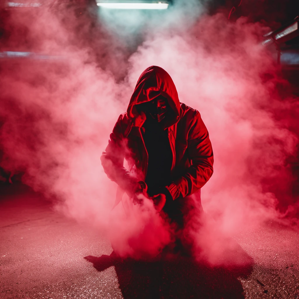 a person in a neon hood kneeling with smoke billowing from his hands, red smoke follows his movement, Red smoke, smoke grenades, atmosfera vermelha, red smoke coming from lamp, dramatic action photography, with red haze, Red mist, Cores Preto e Vermelho, in the style, foto do perfil, dark dance photography aesthetic