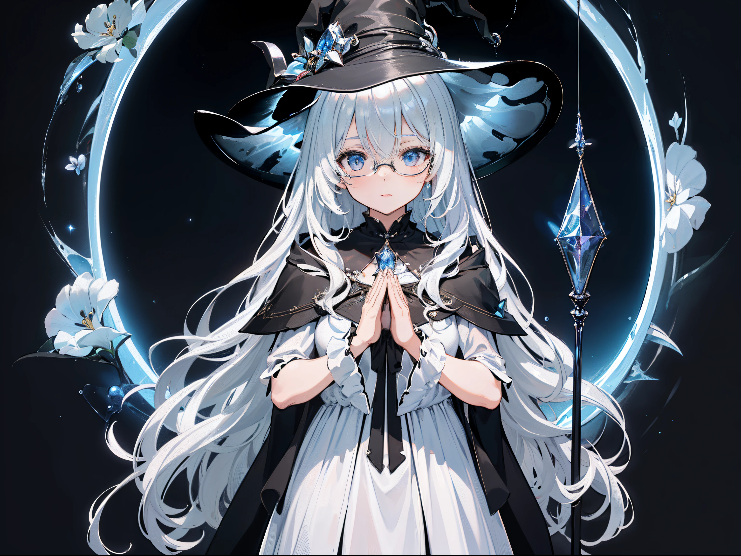 ((Best quality)), ((Masterpiece)), ((Ultra-detailed)), (illustration), (Detailed light), (An extremely delicate and beautiful),Dramatic perspective,A charming young girl,sorceress woman,Cute face,magestic,(Sexy figure),Black magic robe,Short black shawl,Big black witch hat,white dresses,Glasses,((Wave your big wand with both hands)),Water magic,(((Magic Array)))