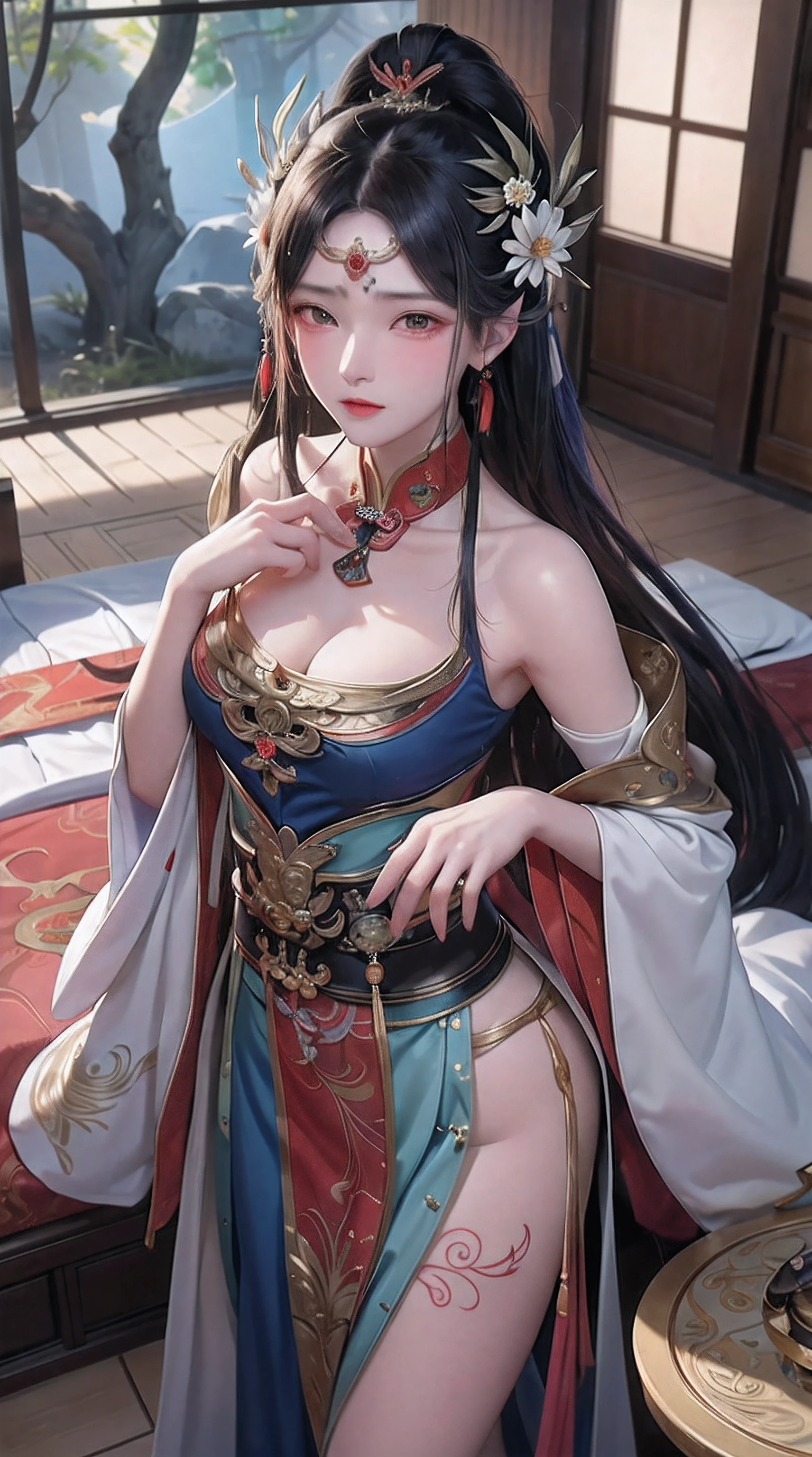 Ancient China woman, above waist，There is a flower tattoo on the bare back，Red and blue-green flowers, on the bed，ukiyo-style, Guviz-style artwork, Guviz, Alphonse mucha and rossdraws, A beautiful artwork illustration, By Li Song, by Yang J, author：Zou Zhe, By Zeng Jing, by Ye Xin, author：Shitao, author：Zhou Fang, korean art nouveau anime