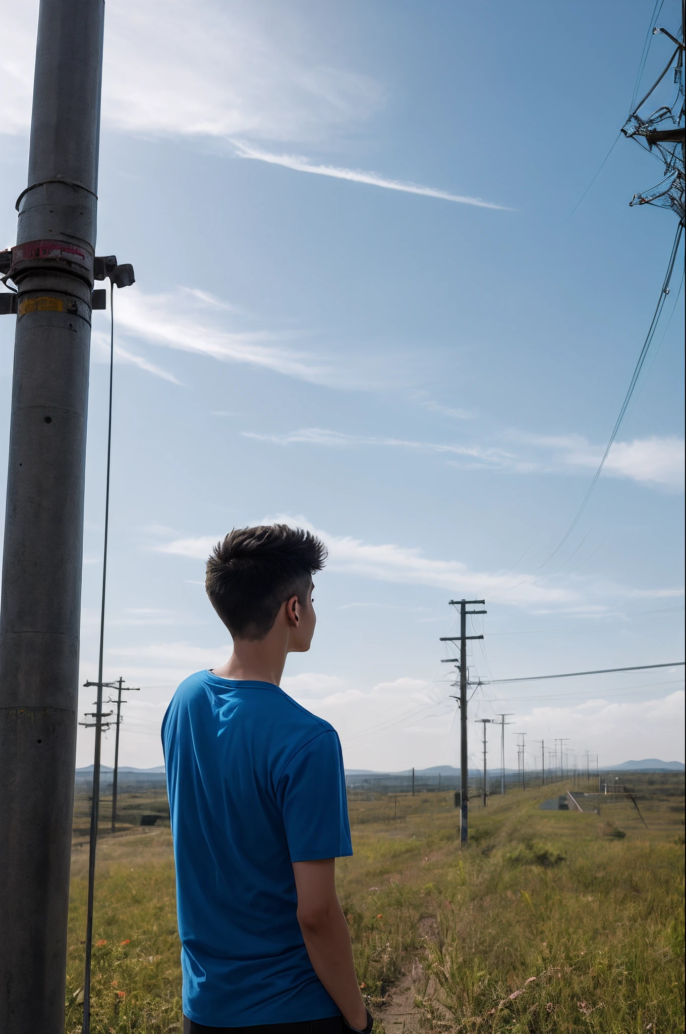 A 20-year-old boy who is an electrical engineer standing next to a power pole is staring at the horizon.