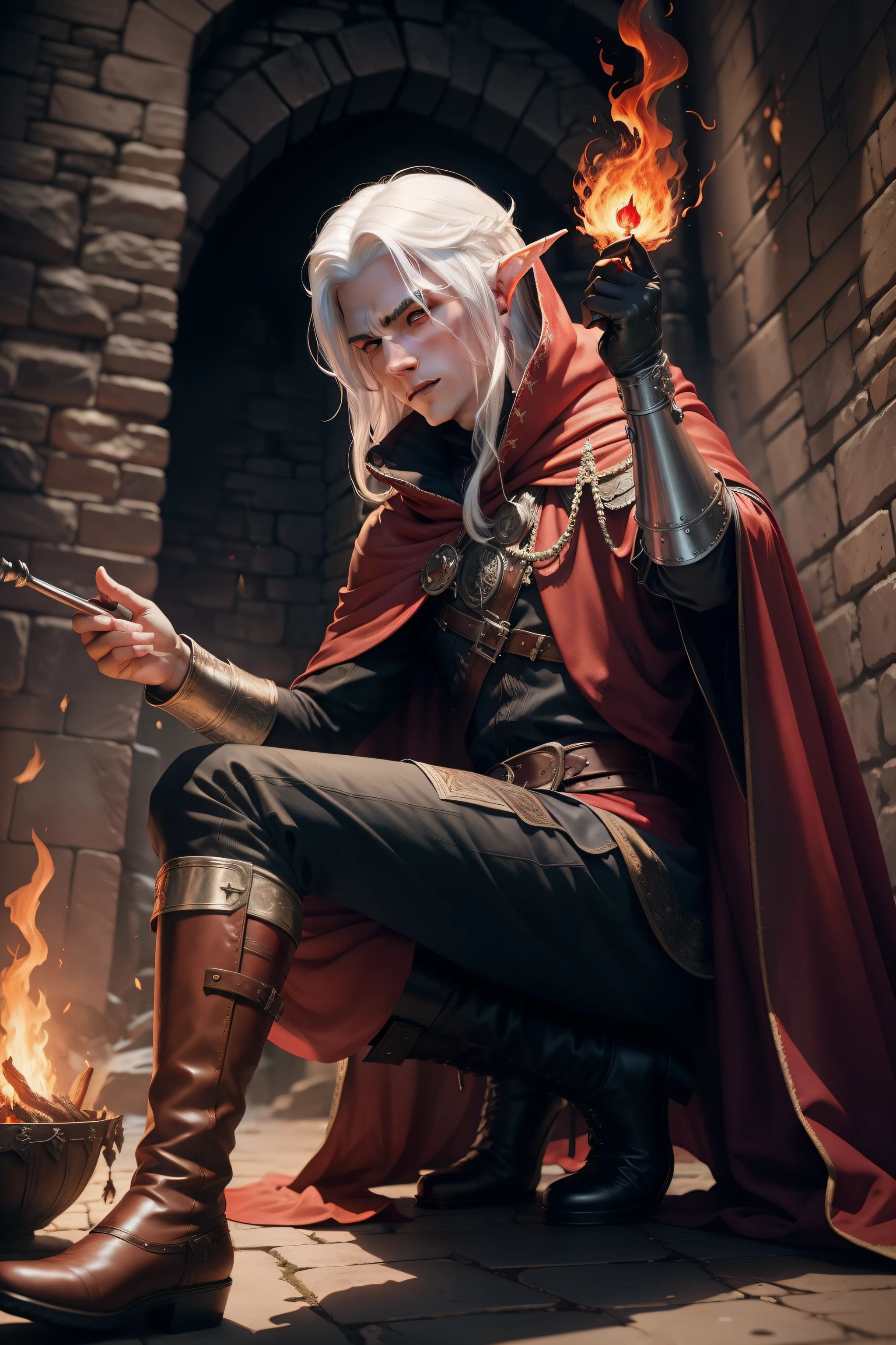 In medieval times, a half-elf wizard with white hair and red eyes, wearing a cloak with a red hood and leather boots, casting fire spells