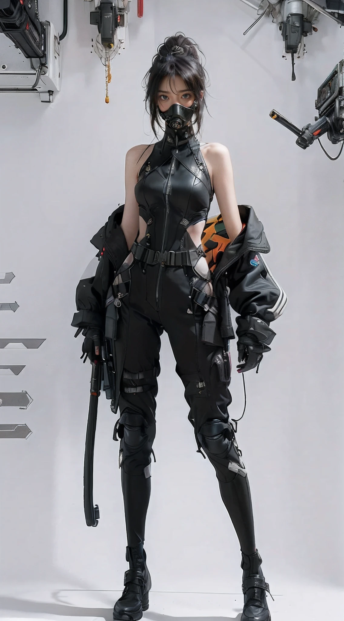 arafed woman in a black outfit and a gas mask, all black cyberpunk clothes, cyberpunk outfit, cyberpunk fashion clothes, cyberpunk style outfit, wearing techwear and armor, cyberpunk outfits, cyberpunk fashion clothing, cyberpunk clothes, dystopian scifi outfit, photograph of a techwear woman, cyberpunk streetwear, wearing cyberpunk streetwear, cyberpunk fashion, cyberpunk high fashion, style of cyberpunk, ((Best quality)), ((masterpiece)), (detailed:1.4), 3D, an image of a beautiful cyberpunk female,HDR (High Dynamic Range),Ray Tracing,NVIDIA RTX,Super-Resolution,Unreal 5,Subsurface scattering,PBR Texturing,Post-processing,Anisotropic Filtering,Depth-of-field,Maximum clarity and sharpness,Multi-layered textures,Albedo and Specular maps,Surface shading,Accurate simulation of light-material interaction,Perfect proportions,Octane Render,Two-tone lighting,Wide aperture,Low ISO,White balance,Rule of thirds,8K RAW, asian skin tone, intricate, elegant, realistic depth of field photography, perfect natural lighting (masterpiece, sidelighting, finely detailed beautiful eyes: 1.2), long hair, realistic lots of hair, realistic suit, realistic human face, realistic cyber city background, girl with robot arm, girl with body robot,