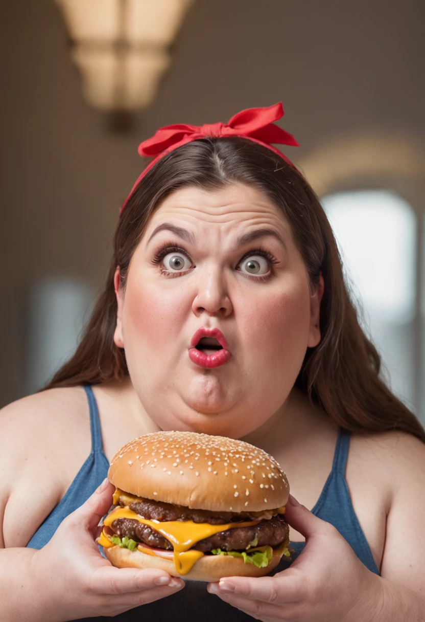 Extremely obese woman weighing 200 pounds biting into a burger Desperately wide-eyed expression shocked on her face