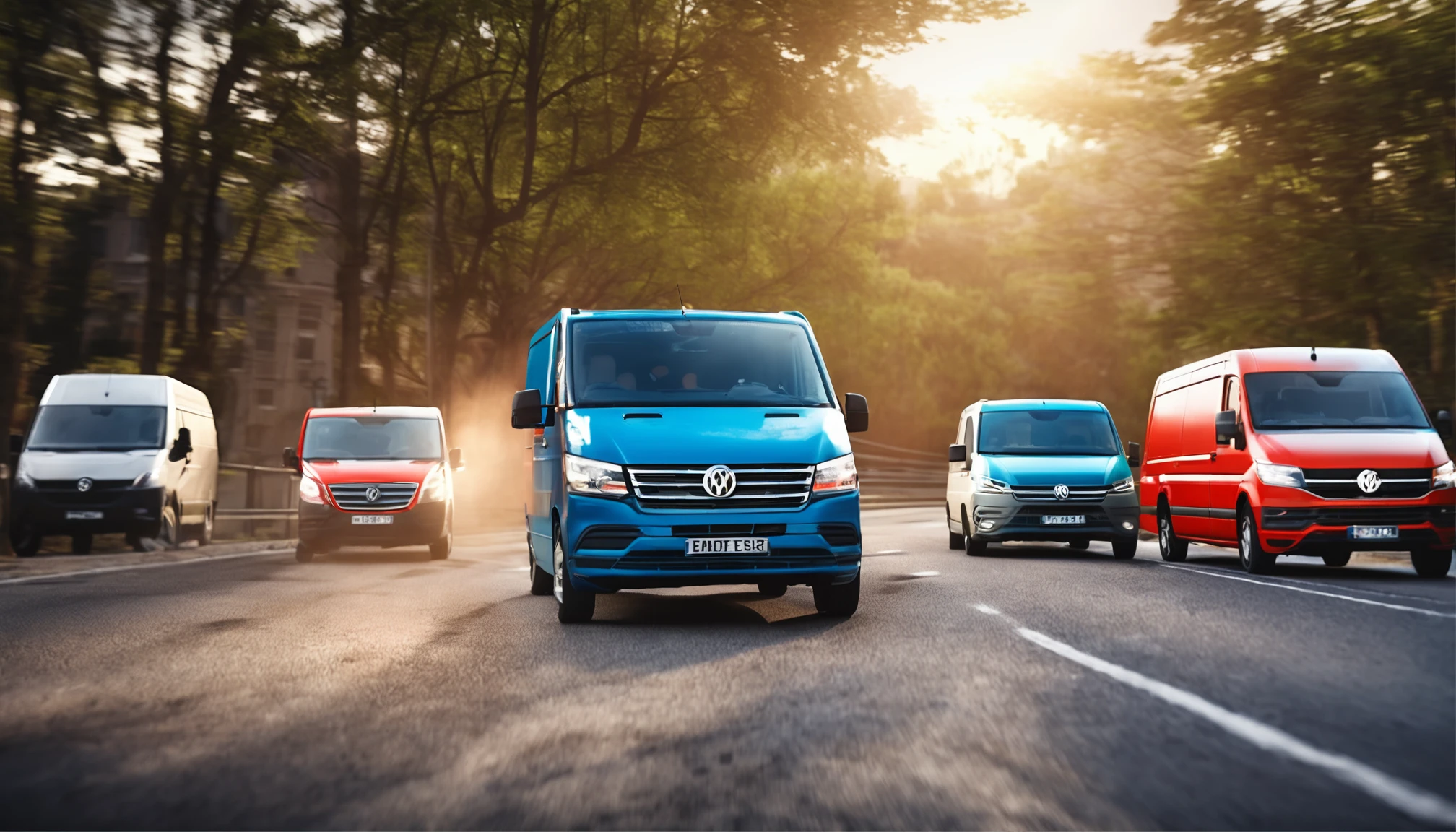 Five cars in a row, mercedes sprinter, volkswagen lt, renault trafic, volkswagen crafter, reno maste, driving on the background of highway, sunny weather, blurred background in motion, realistic photo
