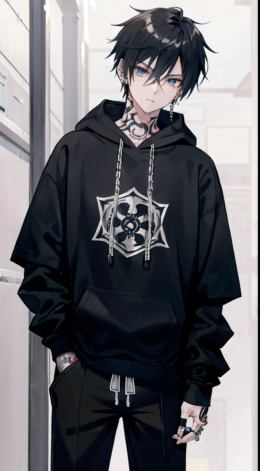 masterpiece, best quality, high quality, 1boy, solo, male focus, looking at viewer, black and blue hair, anime, black beanie, black horns, blue tshirt, chain, chain backpack, black and gray pajamas, blue shoes, blue eyes, black glasses, hot, tall