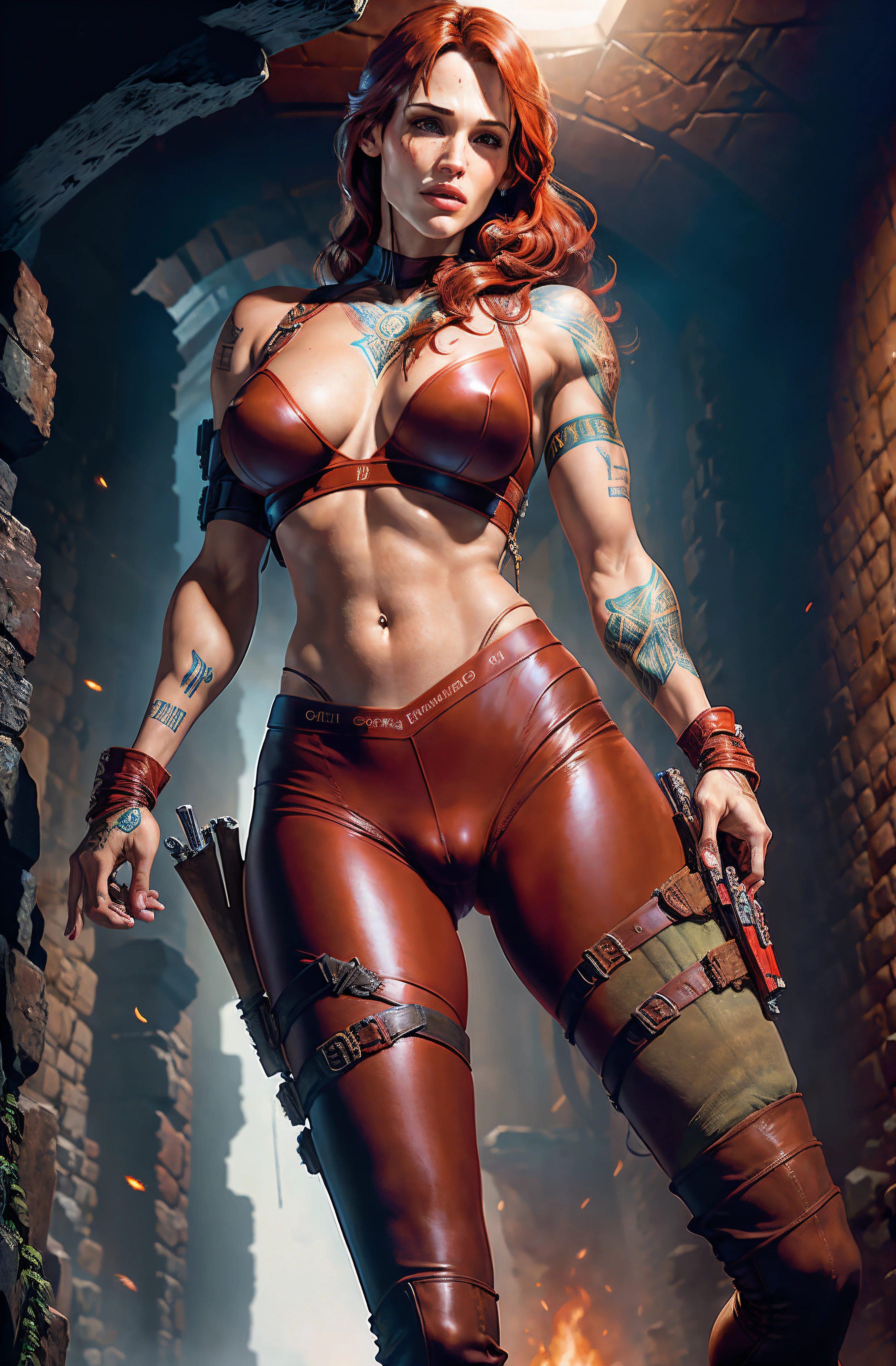 ((Jennifer Garner as Electra)), ((Electra)), ((Red hair)), ((no fingers visible)), (((Tomb Raider style))), ((camel toe)), ((cameltoe)), ((tight red leather pants)), ((thong)), masterpiece, best quality, ((realistic)), ((1 person)), 8K picture quality, extremely delicate and beautiful, magnifica, Official art with attention to detail, Ridiculous, unbelievable Ridiculous, huge filesize, ultra-detailliert, highly detailed, (Pretty girl), (Detailed and petite girl),, ((Perfect female figure)), Slim waist, Cover your chest with your hands, (tattoos all over body)), With a powerful presence, Her body is decorated with a unique blend of abstract and realistic designs, Digital Art, Altgerm, hyperdetails, Top Fade, Cowboy Shot, Dark Fantasy