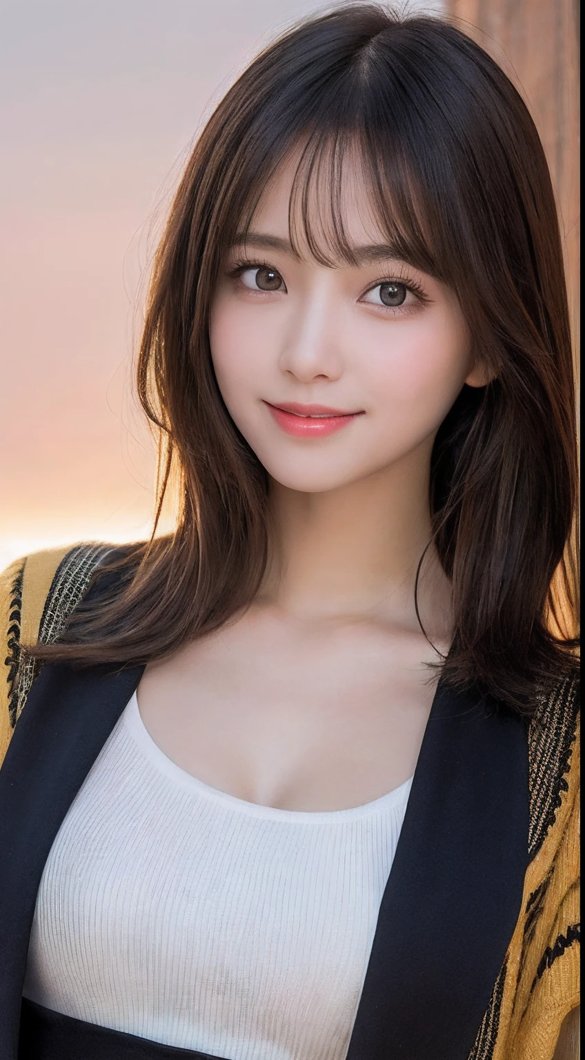 masutepiece, Best Quality, Illustration, Ultra-detailed, finely detail, hight resolution, 8K Wallpaper, Perfect dynamic composition, Beautiful detailed eyes, Women's Fashion Autumn,Medium Hair,Small breasts natural color lip, Bold sexy poses,Smile,Harajuku、20 years girl、Cute、Sexy shot looking at camera