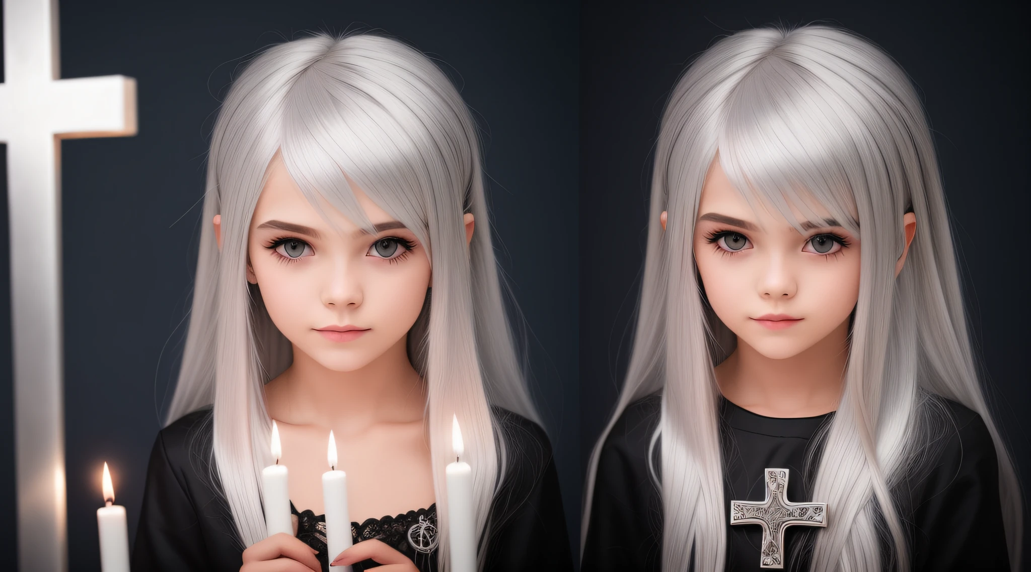 SILVER HAIR KIDS CABELO LONGO, Gothic cross, cruz, CROSSES WITH LIT CANDLES in hand.