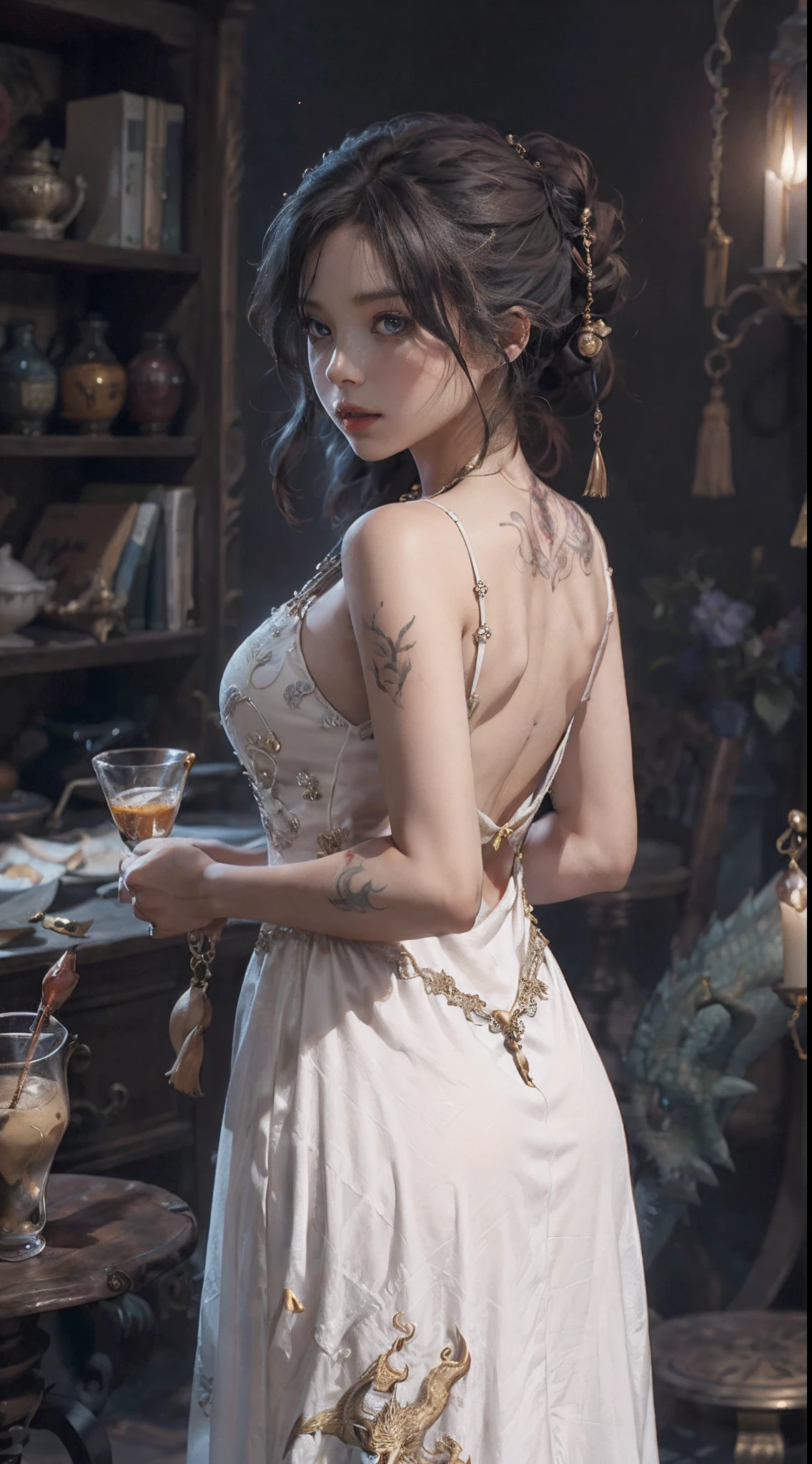 Pikachu_real, (extremely detailed CG 8k wallpaper, masterpiece, best quality, ultra detailed, beautiful detailed eyes: 1.2), best lighting, (best shadow, extremely delicate and beautiful bloom), the girl was surrounded by dragons, ( 1girl: 1.4), breasts, solo, full body, back tattoo, white dress, (dragon color: 1.4), bare leg, long dress,