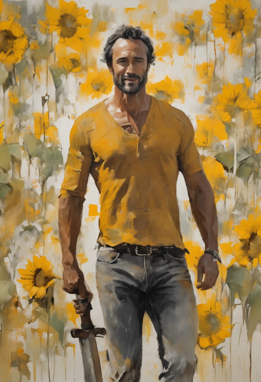 Um homem latino bonito (rodrigo santoro) em um cavalo branco, dia ensolarado , In the middle of a field of sunflowers, belas paisagens, Grande profundidade de campo, Arte Digital, obra prima, Qualidade UHD". RPG P/B, arte preto e branca, Black and White, no color