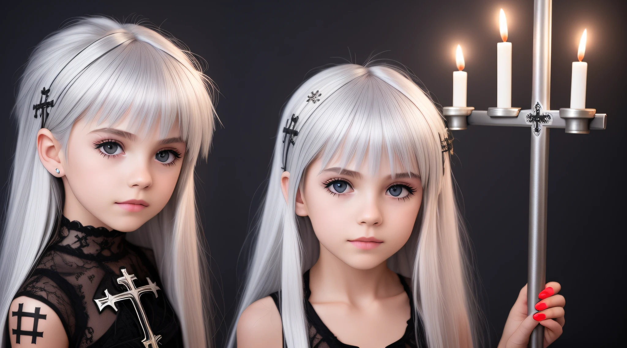 SILVER HAIR KIDS CABELO LONGO, Gothic cross, cruz, CROSSES WITH LIT CANDLES in hand.