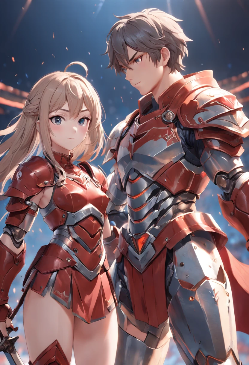 age Centurion warriors, red and grey armor, male and female working together, man and woman side by side, pretty face, clean face, highly detailed face, happy, female warrior, hyper detailed, 8k, unreal engine 5, celebrating, Full body Beautiful anime style girl, clean detailed faces, intracate clothing, analogous colors, glowing shadows, beautiful gradient, depth of field, clean image, football field setting, high quality, high detail, high definition, Luminous Studio graphics engine, cute face, heroic, sword, victory, Full body, Extremely Detailed face, eyes bright, beautiful girl, fantasy, Complimentary-Colors, insanely detailed and intricate, hyper realistic, super detailed, ultra hd, vivid, low angle