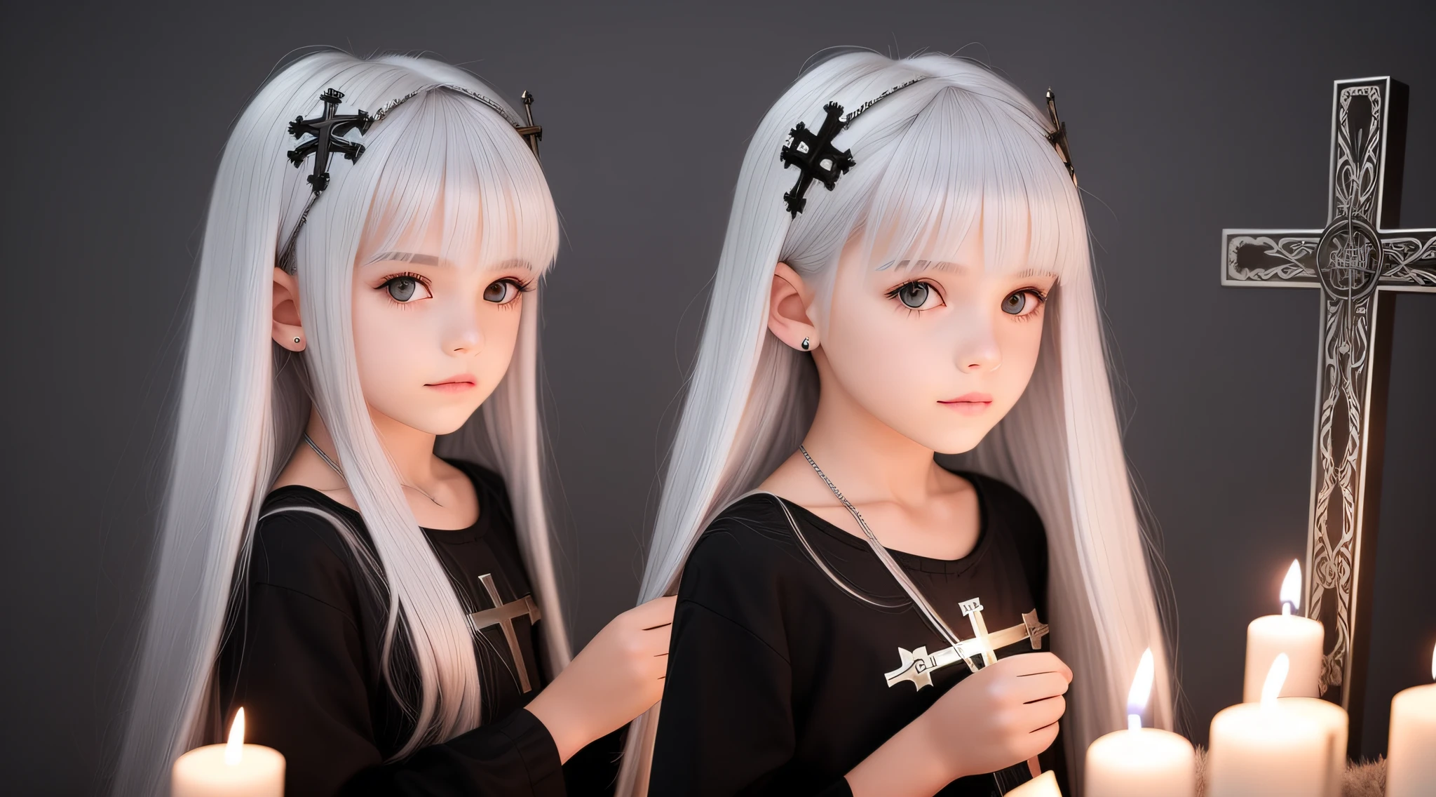 SILVER HAIR KIDS CABELO LONGO, Gothic cross, cruz, CROSSES WITH LIT CANDLES in hand.