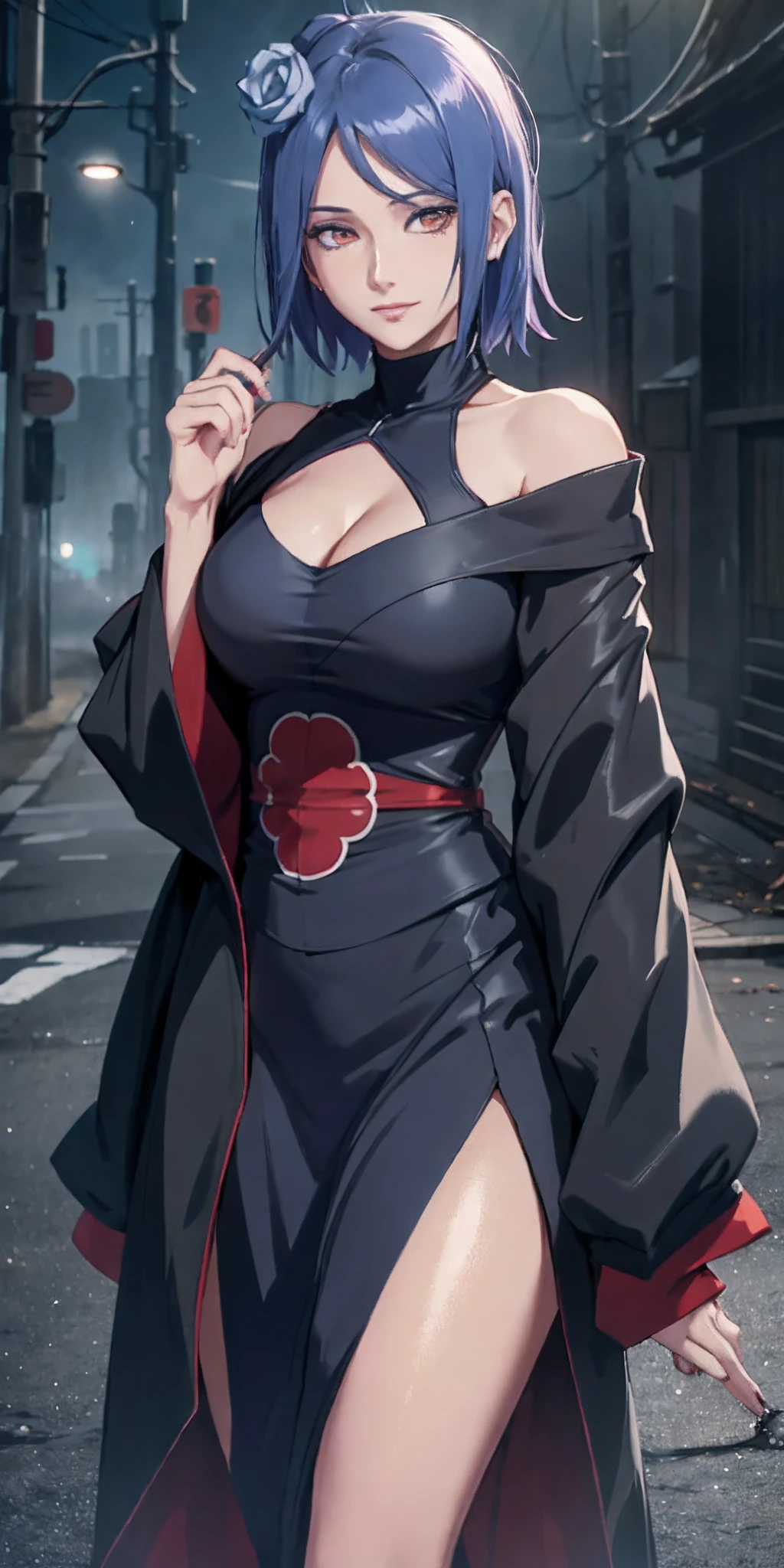 1girl, konan akatsuki in anime naruto, short hair, blue hair, yellow eyes, smile, beautiful, sexy dress, sexy clothes, black clothes, very big breast, realistic clothes, detail clothes, outdoor background, ultra detail, realistic