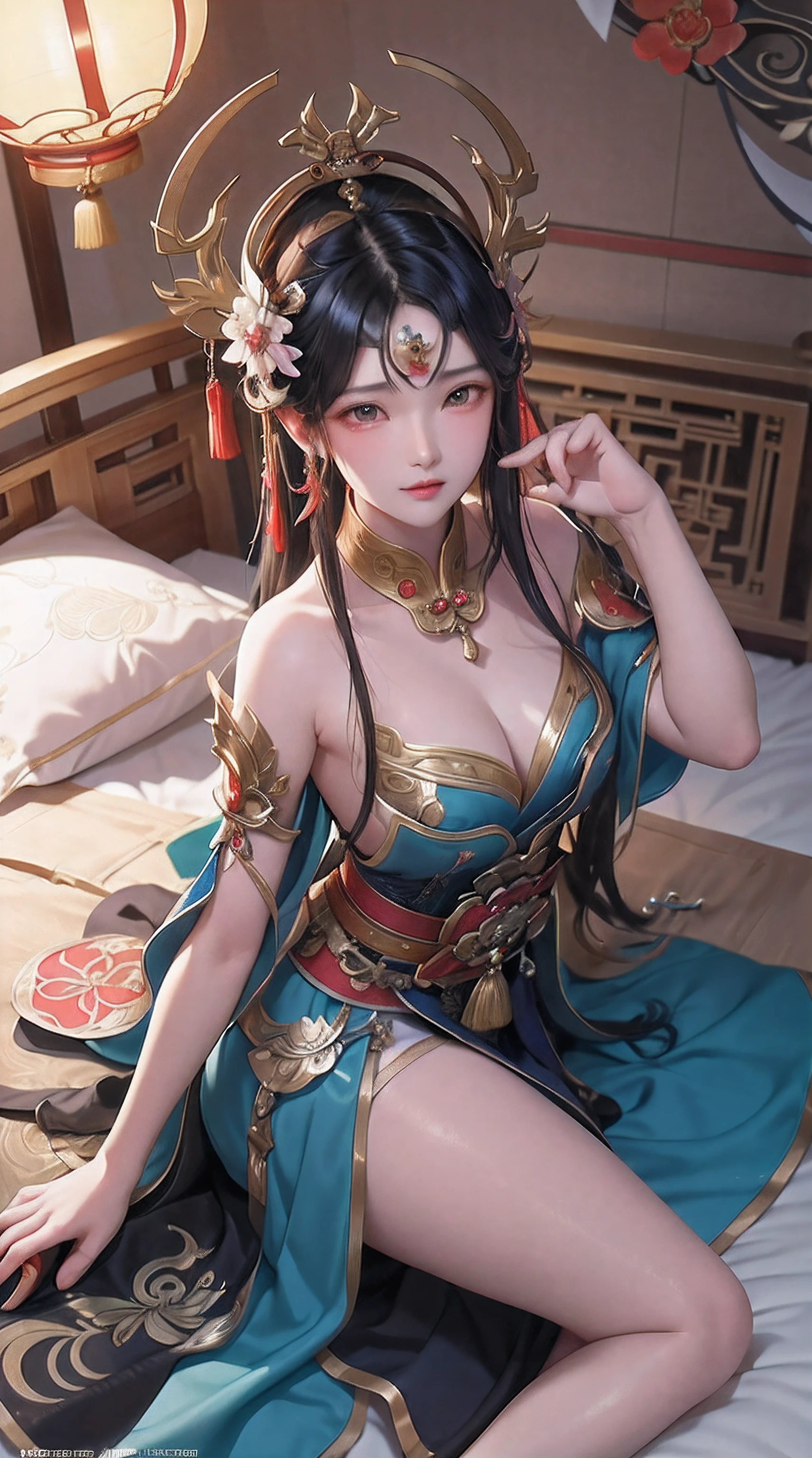 Ancient China woman, above waist,There is a flower tattoo on the bare back,Red and blue-green flowers, on the bed,ukiyo-style, Guviz-style artwork, Guviz, Alphonse mucha and rossdraws, A beautiful artwork illustration, By Li Song, by Yang J, author:Zou Zhe, By Zeng Jing, by Ye Xin, author:Shitao, author:Zhou Fang, korean art nouveau anime