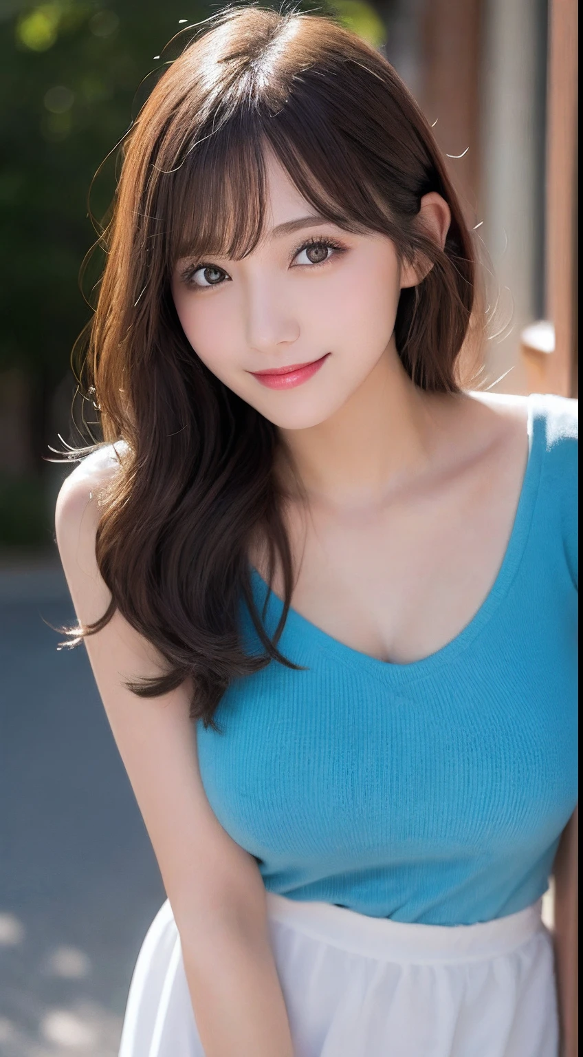 masutepiece, Best Quality, Illustration, Ultra-detailed, finely detail, hight resolution, 8K Wallpaper, Perfect dynamic composition, Beautiful detailed eyes, Women's Fashion Summer,Medium Hair,Small breasts natural color lip, Bold sexy poses,Smile,Harajuku、20 years girl、Cute、Sexy shot looking at camera