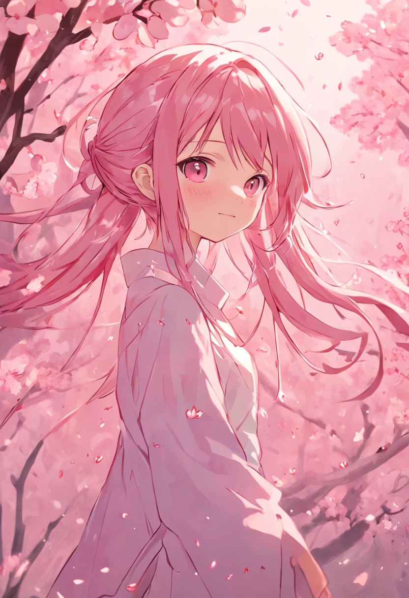 A 17-year-old girl with an ethereal beauty. It features a classic shojo manga visual style, with large almond eyes that are a deep shade of violet, quase parecendo que absorvem a luz ao seu redor. Her eyelashes are long and delicate. Her hair is long and silky, reaching up to the waist. The color is a pale pink, com algumas mechas mais claras que fluem pelas pontas. She keeps him trapped in a loose bun, decorado com uma flor de cerejeira, which is a recurring symbol in his manga. Sakura's skin is flawless and slightly pale, with a touch of freckles that enhances your youth. Ela tem um sorriso gentil que ilumina seu rosto, and your cheeks have a natural flush. she is tall and slender, com uma figura delicada e graciosa. Usually wears a classic Japanese school uniform, composto por uma saia plissada e uma blusa branca. Ela usa uma fita cor-de-rosa como gravata, que combina com a cor de seu cabelo.