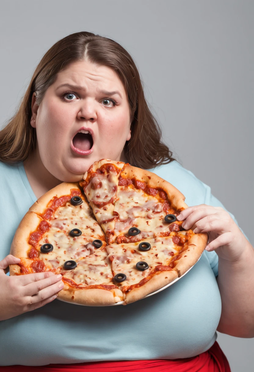 Extremely obese woman weighing 200 pounds biting into a pizza Desperately wide-eyed expression shocked on her face
