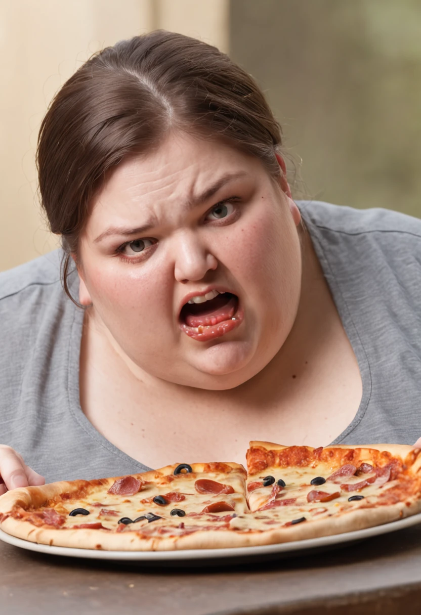 Extremely obese woman weighing 200 pounds biting into a pizza Desperately wide-eyed expression shocked on her face