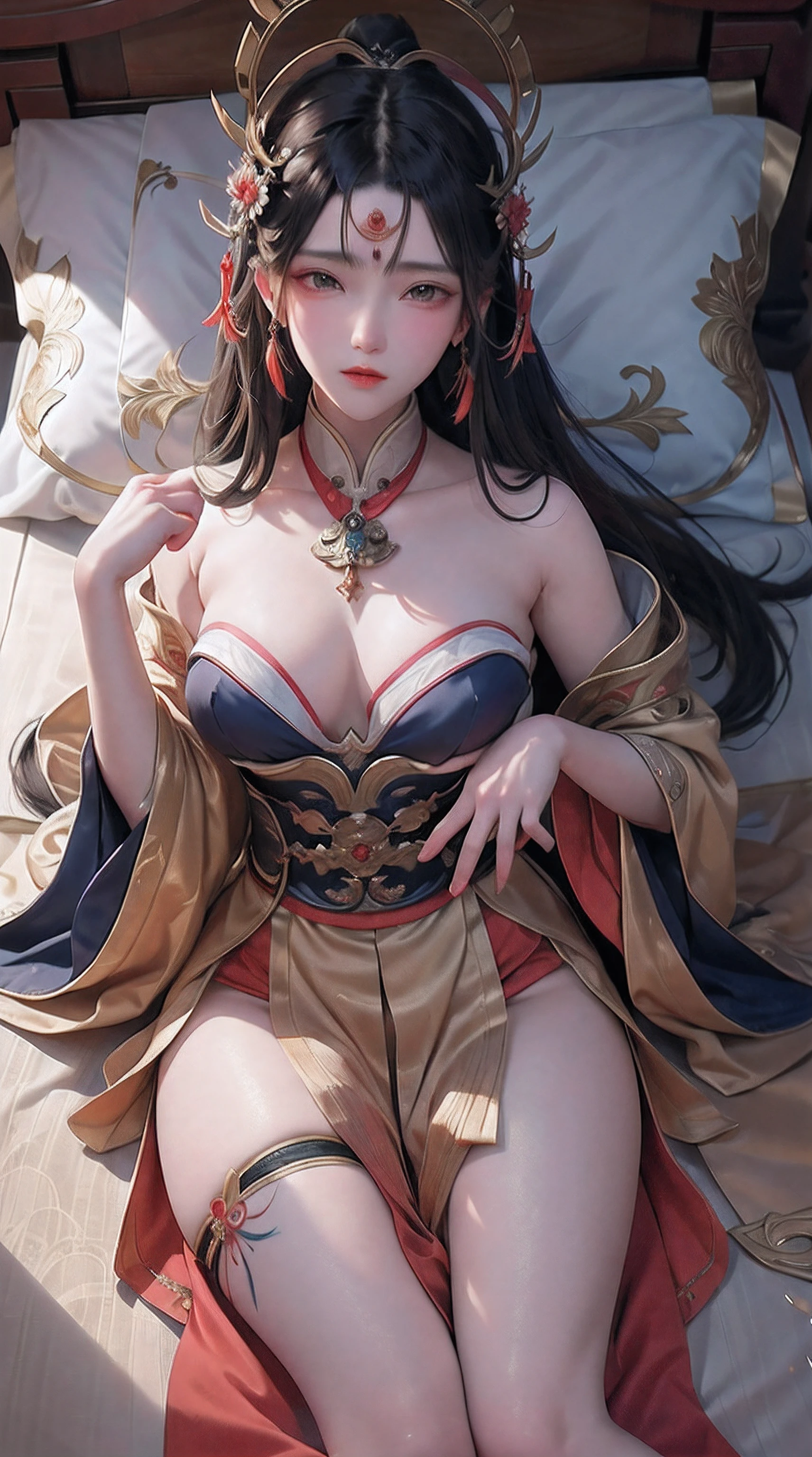 Ancient China woman, above waist，There is a flower tattoo on the bare back，Red and blue-green flowers, on the bed，ukiyo-style, Guviz-style artwork, Guviz, Alphonse mucha and rossdraws, A beautiful artwork illustration, By Li Song, by Yang J, author：Zou Zhe, By Zeng Jing, by Ye Xin, author：Shitao, author：Zhou Fang, korean art nouveau anime