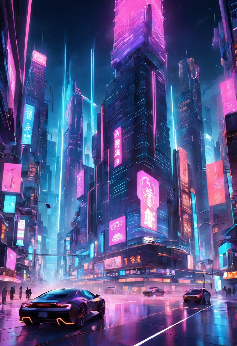 "Create a vivid depiction of 'Cybecity,' a futuristic urban landscape defined by neon-lit skyscrapers, holographic billboards, and bustling streets. Imagine a city where technology and vibrant colors merge to form a dazzling visual spectacle. Capture the essence of a bustling metropolis that thrives on innovation, with its streets alive with the hum of vehicles, the glow of neon, and the energy of progress."