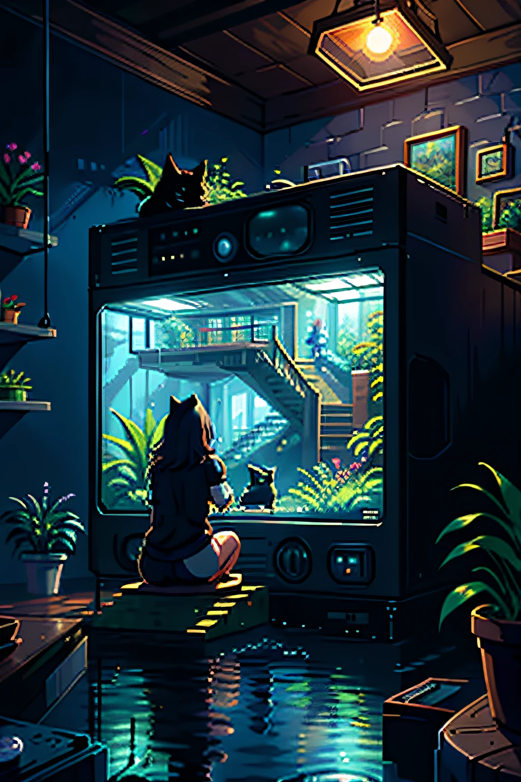 pixel art, There's a girl sitting on the floor looking at her fat furry black cat, a tem cabelo preto curto, She's facing an old TV, Your furry black cat is sitting next to you, o gato tem coleira, the girl is looking at the cat, they're in the room, pixel art, there is vegetation all around, plantas, The lighting is warm, pisos alcatifados, furnitures, Small aquarium with fish, sala de estar, pixel art, pixel, art