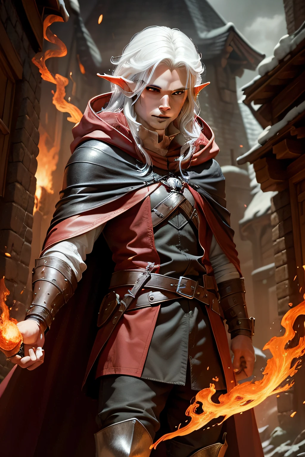 In medieval times, a half-elf wizard with white hair and red eyes, wearing a cloak with a red hood and leather boots, casting fire spells