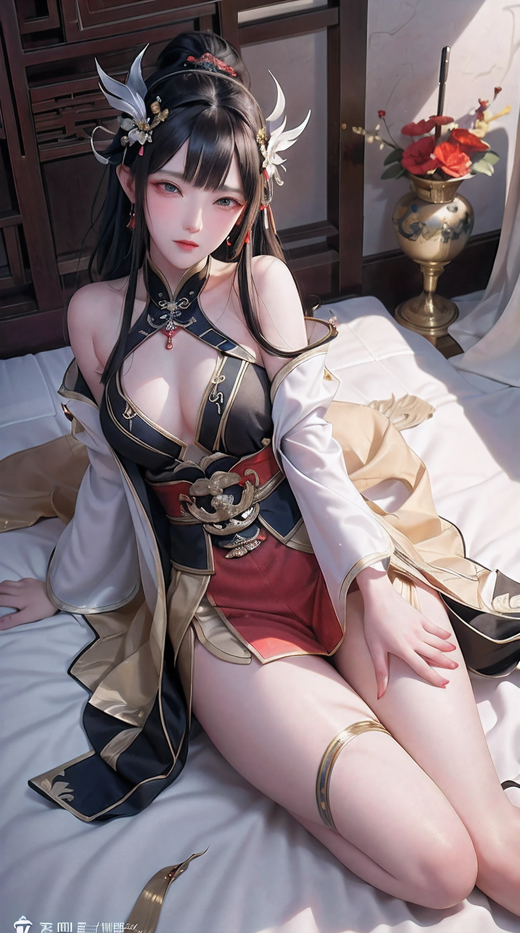 Ancient China woman, above waist,There is a flower tattoo on the bare back,Red and blue-green flowers, on the bed,ukiyo-style, Guviz-style artwork, Guviz, Alphonse mucha and rossdraws, A beautiful artwork illustration, By Li Song, by Yang J, author:Zou Zhe, By Zeng Jing, by Ye Xin, author:Shitao, author:Zhou Fang, korean art nouveau anime