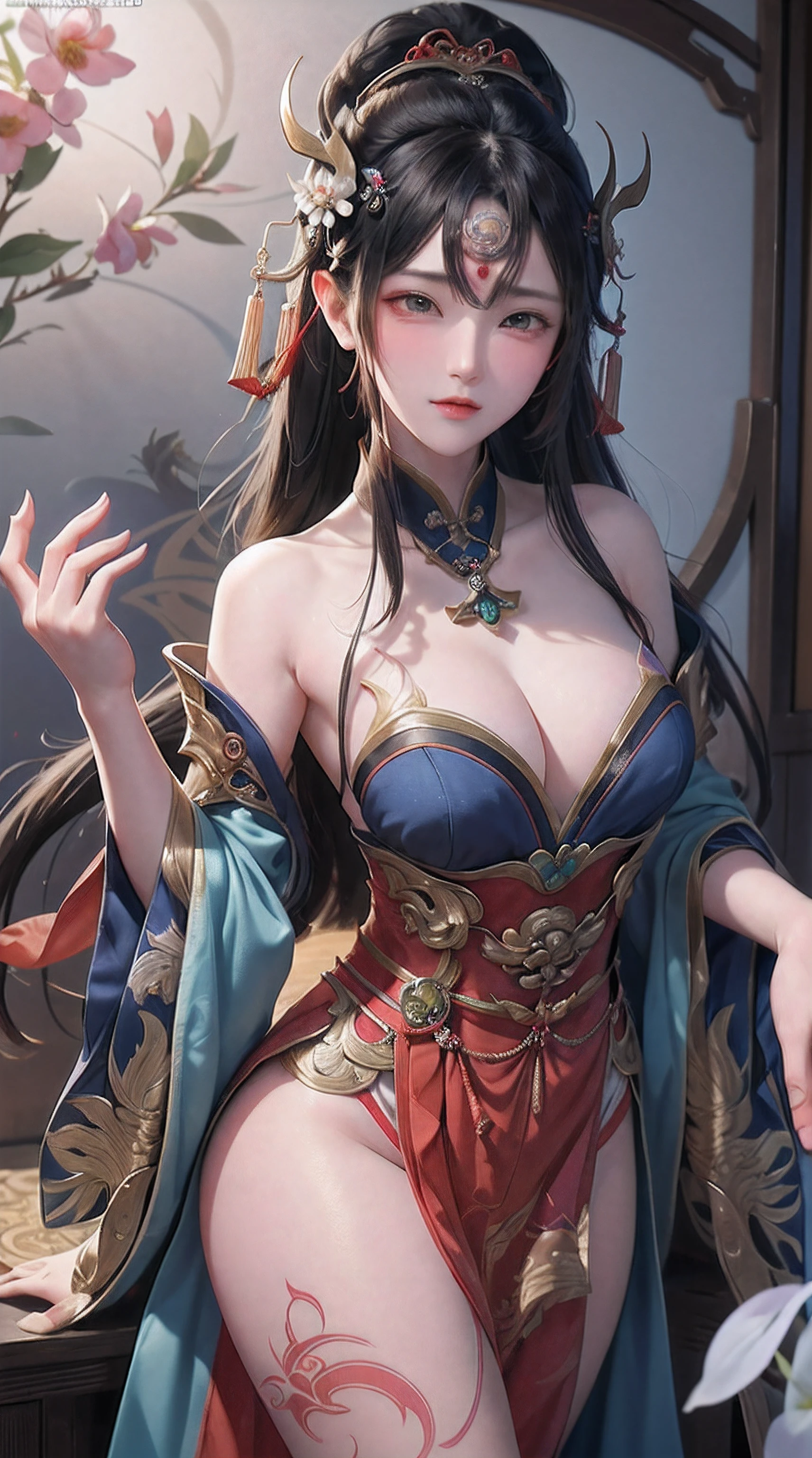 Ancient China woman, above waist,There is a flower tattoo on the bare back,Red and blue-green flowers, on the bed,ukiyo-style, Guviz-style artwork, Guviz, Alphonse mucha and rossdraws, A beautiful artwork illustration, By Li Song, by Yang J, author:Zou Zhe, By Zeng Jing, by Ye Xin, author:Shitao, author:Zhou Fang, korean art nouveau anime