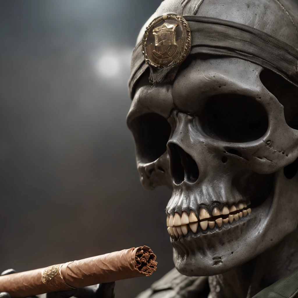 (Professional 3D rendering:1.3) de (Realistic:1.3) Foto de arte mais bonita do mundo,Cranio de uma caveira, ((Skull face with aviator-style sunglasses, a special forces soldier's helmet, scarf around his neck and cigar lit in his mouth, letting out smoke. fantastic location, majestoso ambiente desordenado)), 8k unidade render, action shot, very dark lighting, sombreamento pesado, circunstanciado, Rosto detalhado, (vibrante, fotogrdeia realista, Realistic, Dramatic, Escuro, foco nítido, 8k), (Lenso on old neck and weather-damaged:1.4), , (intrincado:1.4), decadente, (altamente detalhado:1.4), pintura digital, rendering by octane, art stations, Conceito-Arte, liso, foco nítido, illustration, germe da arte, (Loish:0.23), Wlop Ilya Kuvshinov, e Greg Rutkowski e Alphonse Mucha Gracias, (global ilumination, studiolight, Light Volumetric), chuva forte, floating particles, patife, fantasia, Onze, corpo inteiroesbian, ((Fundo escuro e antigo da cidade destruida:1.3)),CGSesociedade,art stations