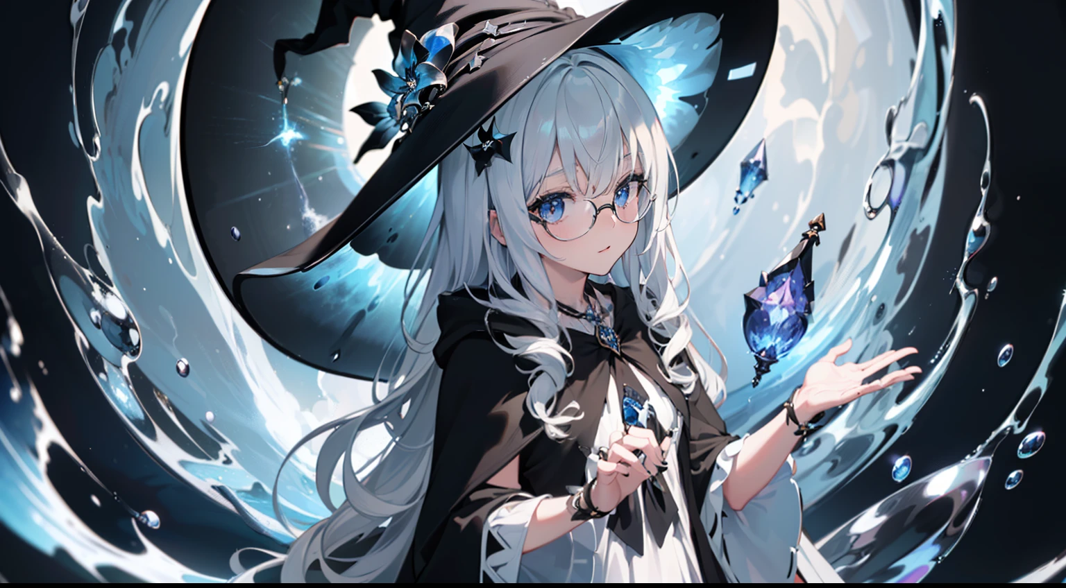 ((Best quality)), ((Masterpiece)), ((Ultra-detailed)), (illustration), (Detailed light), (An extremely delicate and beautiful),Dramatic perspective,A charming young girl,sorceress woman,Cute face,magestic,(Sexy figure),Black magic robe,Short black shawl,Big black witch hat,white dresses,Glasses,((Wave your big wand to cast spells)),((Water magic))