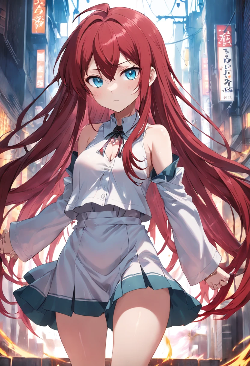 Rias Gremory, a young woman who appears to be in her late s with light skin, blue eyes (blue-green in the anime) and a buxom figure. Her most distinctive feature is her long, crimson red hair that reaches down to her thighs, with a single hair strand (known in Japan as ahoge) sticking out from the top.
