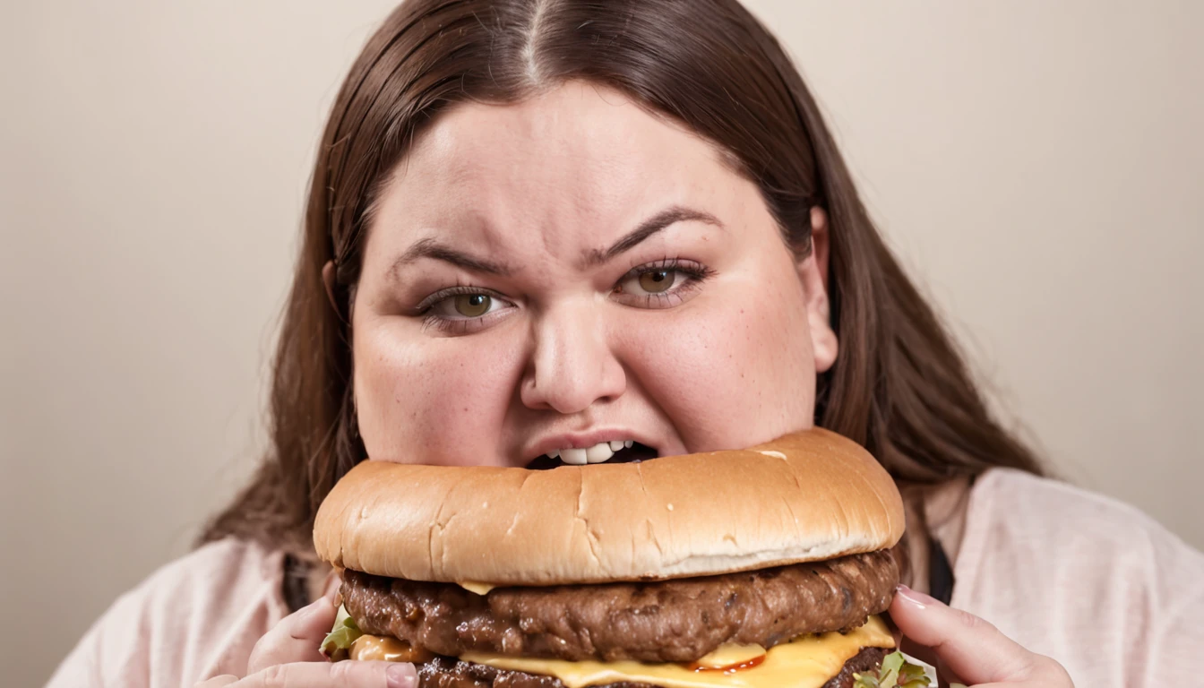 Extremely obese woman weighing 200 pounds biting into a burger Desperately wide-eyed expression shocked on her face