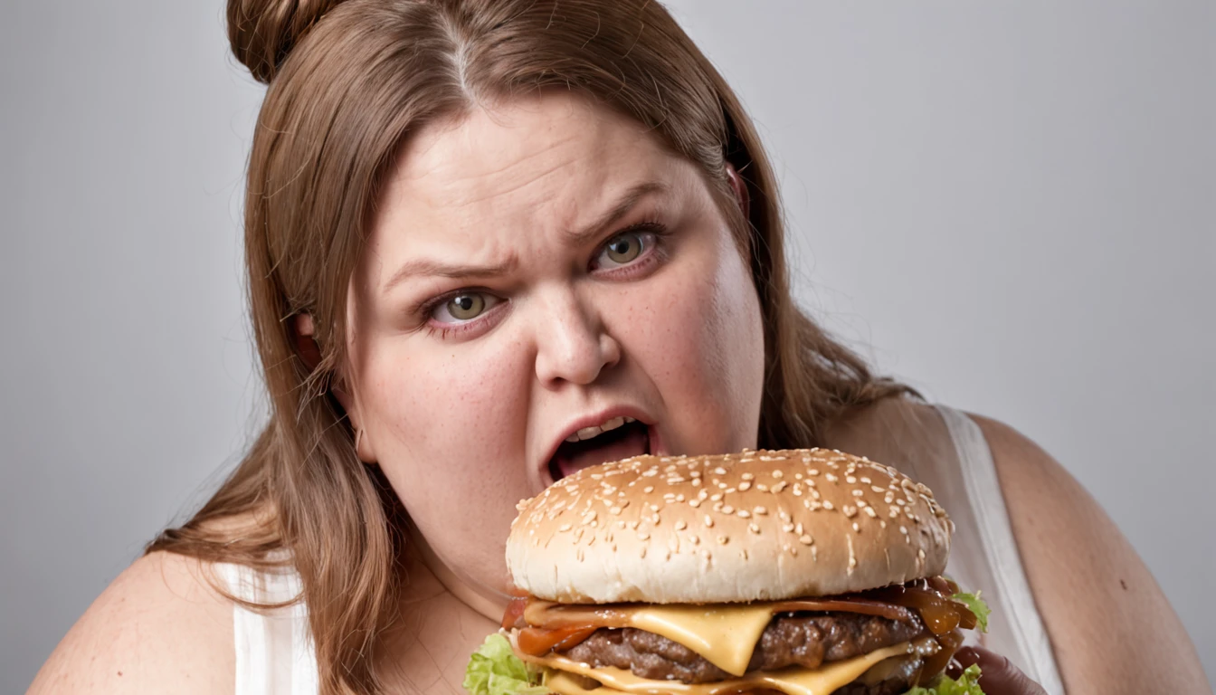Extremely obese woman weighing 200 pounds biting into a burger Desperately wide-eyed expression shocked on her face