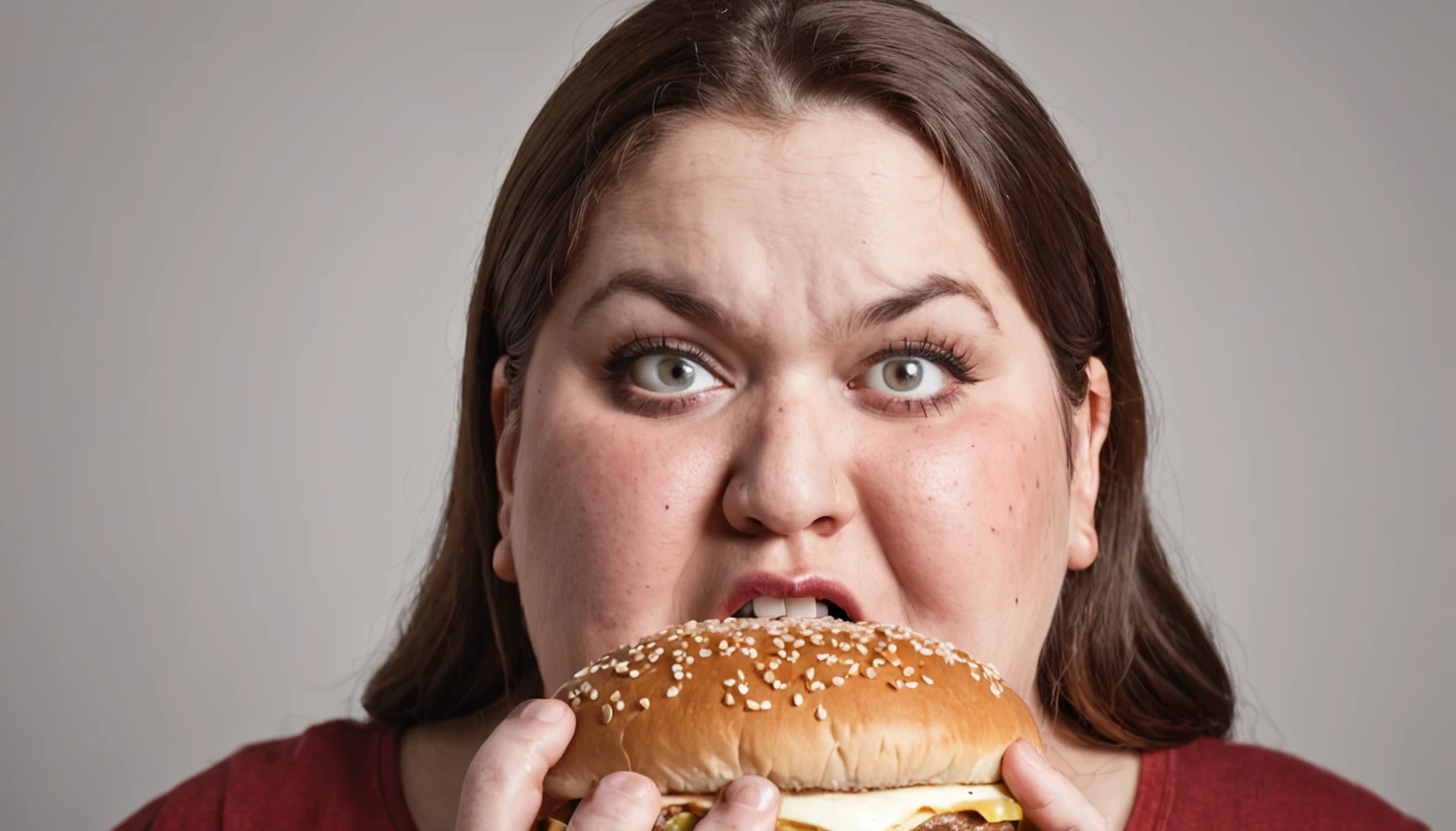 Extremely obese woman with 200 pounds biting a burger desperately shocked expression on her face of very wide eyes