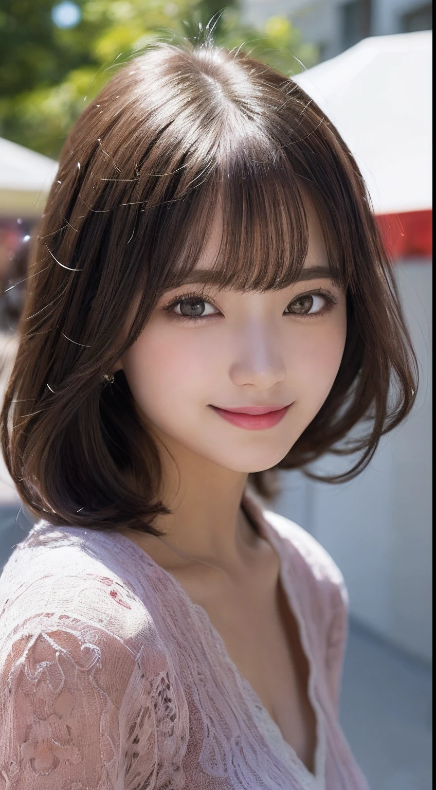 masutepiece, Best Quality, Illustration, Ultra-detailed, finely detail, hight resolution, 8K Wallpaper, Perfect dynamic composition, Beautiful detailed eyes, Women's Fashion Summer,Medium Hair,small tits,Natural Color Lip, Bold sexy poses,Smile,Harajuku、20 years girl、Cute、Sexy shot looking at camera