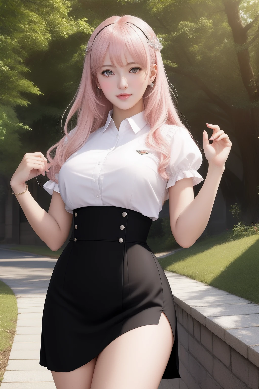 (RAW photo, best quality), (realistic, photo-realistic:1.3), masterpiece, an extremely delicate and beautiful, extremely detailed, CG, unity , 2k wallpaper, Amazing, finely detail, light smile, extremely detailed CG unity 8k wallpaper, huge filesize, ultra-detailed, highres, absurdres, soft light, (((medium hair:1.3), short bang, pink hair, floating hair novafrogstyle)), beautiful detailed girl, detailed fingers, extremely detailed eyes and face, beautiful detailed nose, beautiful detailed eyes, long eyelashes, light on face, looking at viewer, (closed mouth:1.2), 1girl, cute, young, mature face, (full body:1.3), ((small breasts)), realistic face, realistic body, beautiful detailed thigh, business suit, cross-laced clothes, collared shirt, open clothes, in office, detailed office, open cardigan, black thighhighs, miniskirt, black underwear, unbuttoned shirt, <lora:ulzzang-6500:1>, <lora:cuteGirlMix4_v10:1>, pureerosface_v1