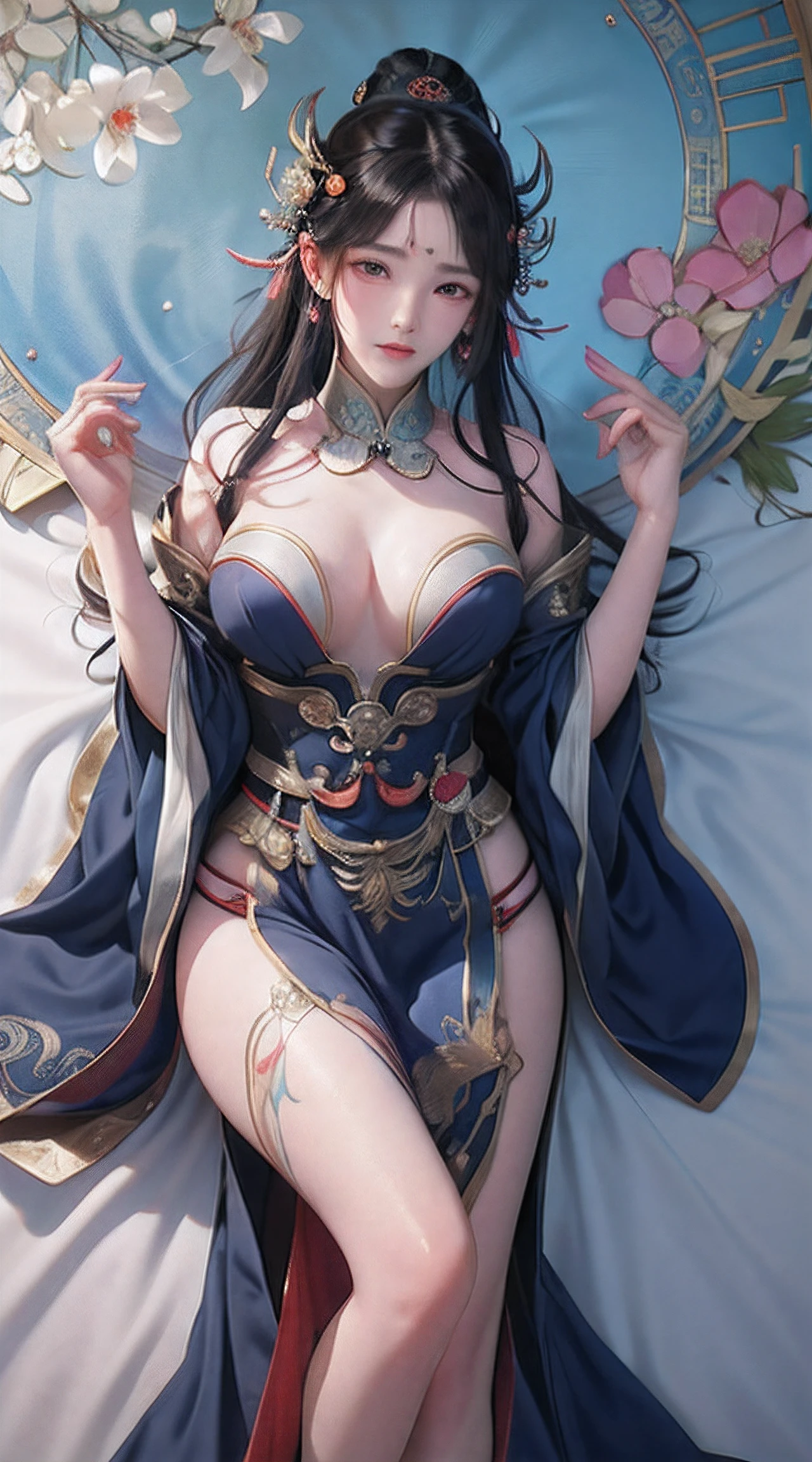 Ancient China woman, above waist,There is a flower tattoo on the bare back,Red and blue-green flowers, on the bed,ukiyo-style, Guviz-style artwork, Guviz, Alphonse mucha and rossdraws, A beautiful artwork illustration, By Li Song, by Yang J, author:Zou Zhe, By Zeng Jing, by Ye Xin, author:Shitao, author:Zhou Fang, korean art nouveau anime