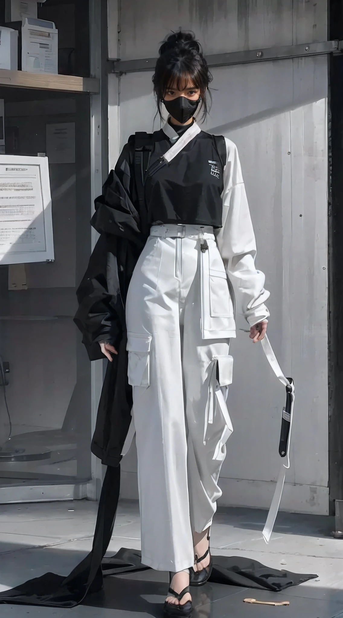 arafed woman in a black outfit and a gas mask, all black cyberpunk clothes, cyberpunk outfit, cyberpunk fashion clothes, cyberpunk style outfit, wearing techwear and armor, cyberpunk outfits, cyberpunk fashion clothing, cyberpunk clothes, dystopian scifi outfit, photograph of a techwear woman, cyberpunk streetwear, wearing cyberpunk streetwear, cyberpunk fashion, cyberpunk high fashion, style of cyberpunk, ((Best quality)), ((masterpiece)), (detailed:1.4), 3D, an image of a beautiful cyberpunk female,HDR (High Dynamic Range),Ray Tracing,NVIDIA RTX,Super-Resolution,Unreal 5,Subsurface scattering,PBR Texturing,Post-processing,Anisotropic Filtering,Depth-of-field,Maximum clarity and sharpness,Multi-layered textures,Albedo and Specular maps,Surface shading,Accurate simulation of light-material interaction,Perfect proportions,Octane Render,Two-tone lighting,Wide aperture,Low ISO,White balance,Rule of thirds,8K RAW, asian skin tone, intricate, elegant, realistic depth of field photography, perfect natural lighting (masterpiece, sidelighting, finely detailed beautiful eyes: 1.2), long hair, realistic lots of hair, realistic suit, realistic human face, realistic cyber city background, girl with robot arm, girl with body robot,