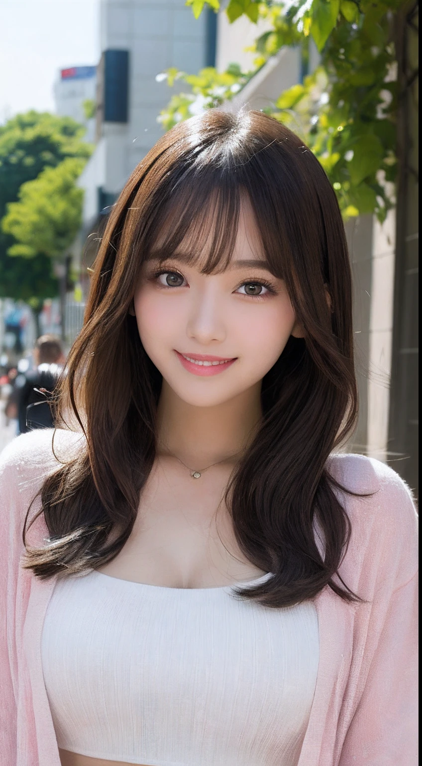 masutepiece, Best Quality, Illustration, Ultra-detailed, finely detail, hight resolution, 8K Wallpaper, Perfect dynamic composition, Beautiful detailed eyes, Women's Fashion Summer,Medium Hair,small tits,Natural Color Lip, Bold sexy poses,Smile,Harajuku、20 years girl、Cute、Sexy shot looking at camera