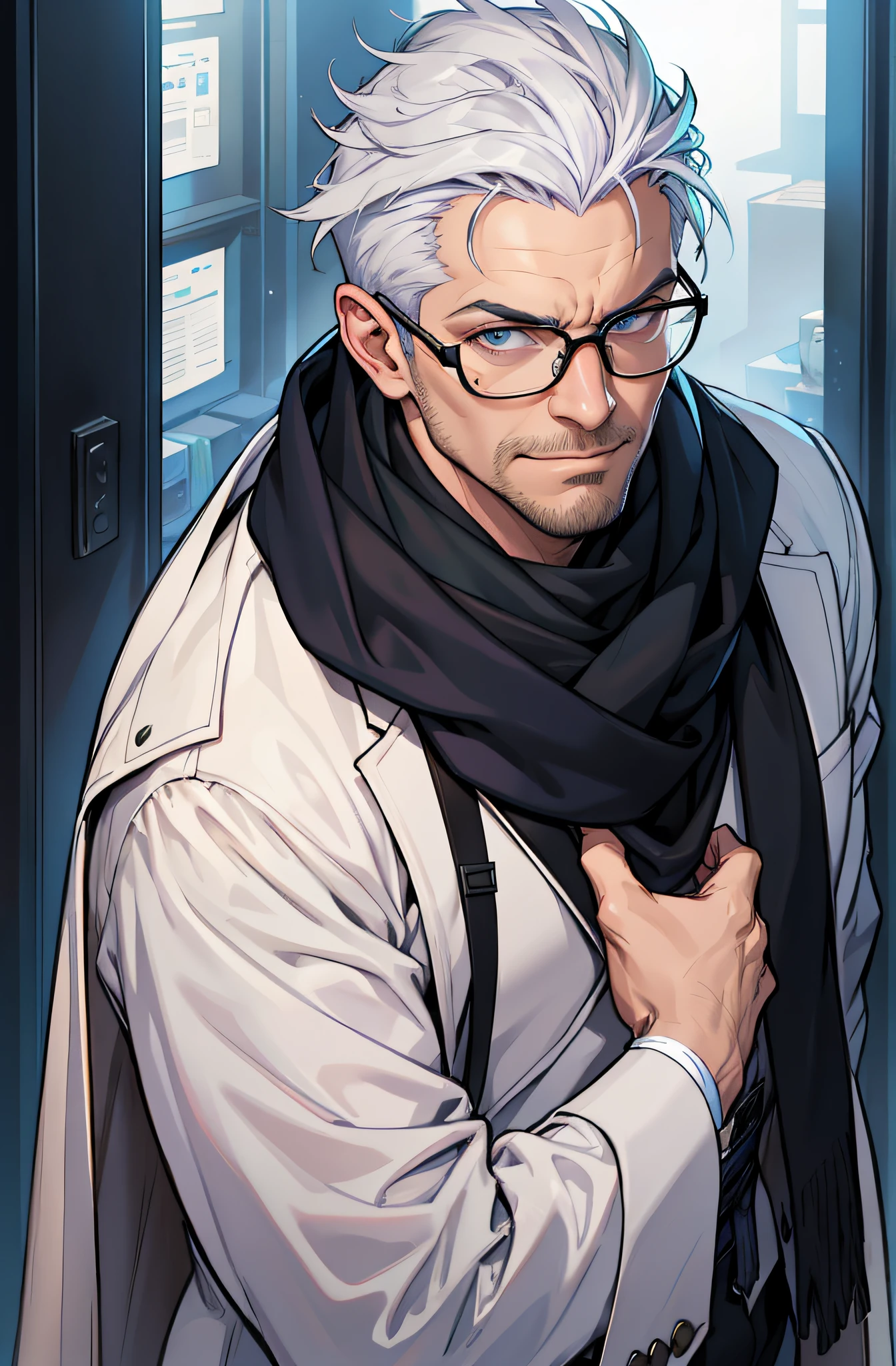 Allard man standing in the doorway wearing glasses and purple scarf, portrait of professor sinister, artgerm and grek rutkowski, Artgerm Greg Rutkowski _ greg, stanely artgerm, portrait of adam jensen, artgerm portrait, Artgerm and Greg Rutkowski, Moebius + Art germ, official character illustration