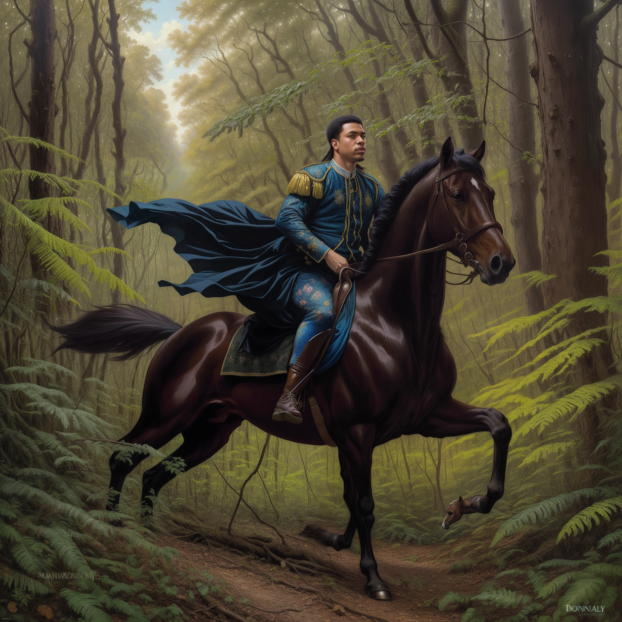 pintura de um homem montado em um cavalo em uma floresta, De Kehinde Wiley, Inspirado em Mark Keathley, Kehinde Wiley, darrell k doce, Directed by: Donato Giancola, montando um cavalo preto, Inspirado em Donato Giancola, Jon McNaughton, galopando pela floresta, inspirado em Carl Heinrich Bloch, inspirado em Donato Giancola