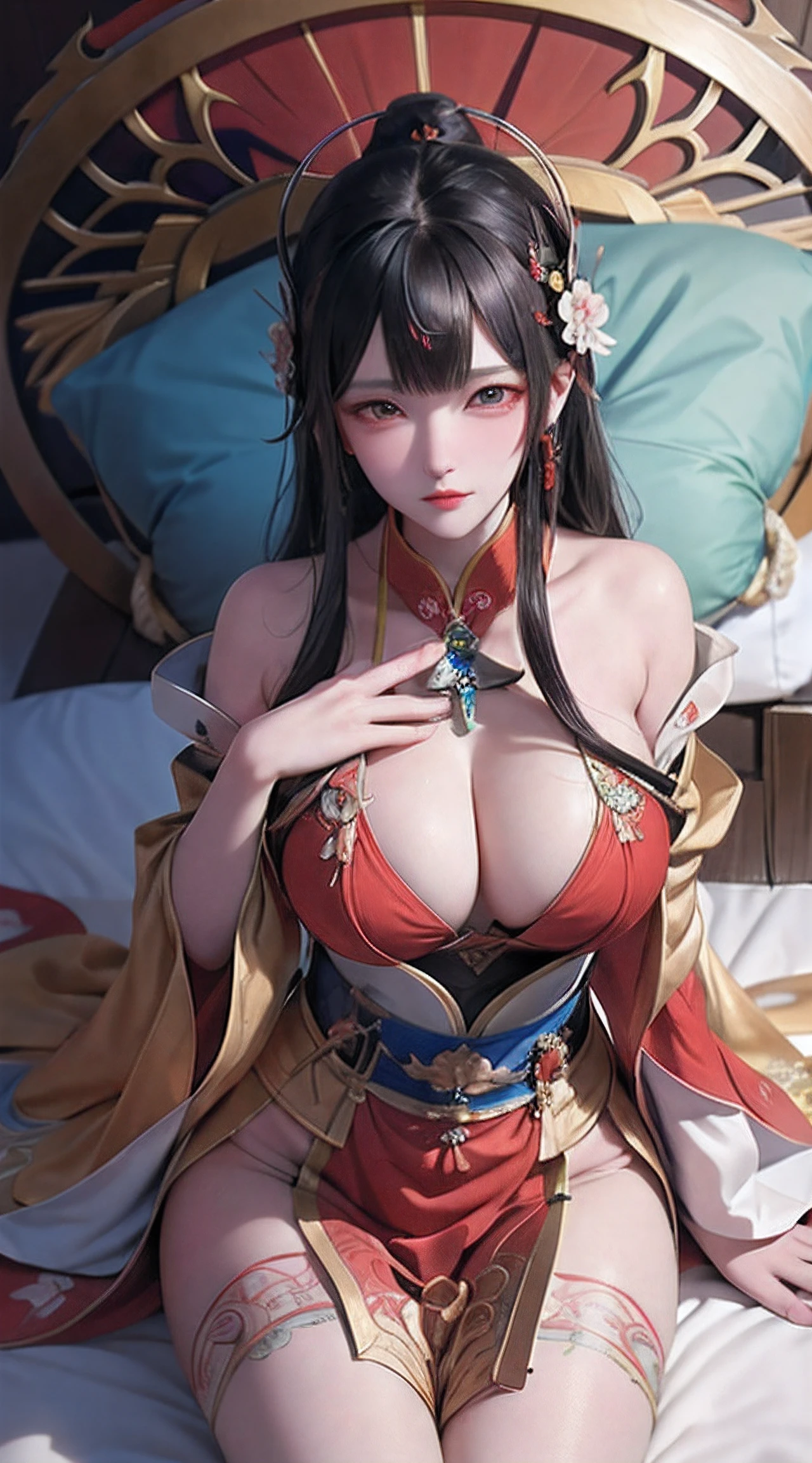 Ancient China woman, above waist,There is a flower tattoo on the bare back,Red and blue-green flowers, on the bed,ukiyo-style, Guviz-style artwork, Guviz, Alphonse mucha and rossdraws, A beautiful artwork illustration, By Li Song, by Yang J, author:Zou Zhe, By Zeng Jing, by Ye Xin, author:Shitao, author:Zhou Fang, korean art nouveau anime